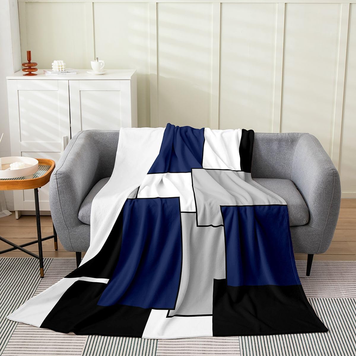 Feelyou Kids Navy Blue Geometric Plush Throw Blanket - Modern Square Art Decor Flannel Fleece Blanket - Geometric Fuzzy Throw - 50"x60"