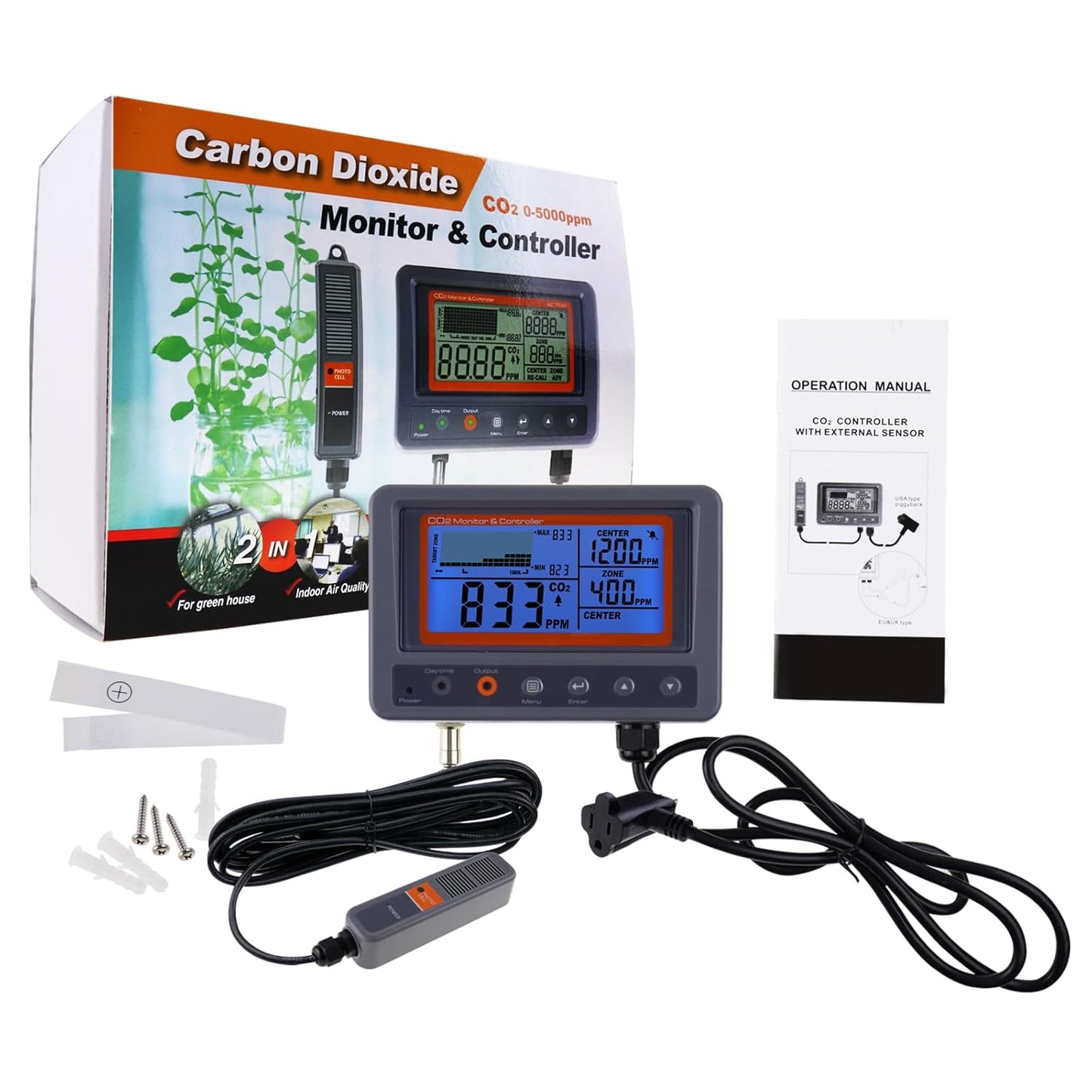 CO2 Controller Carbon Dioxide Controller CO2 Meter Monitor with Relay Function 4.5m Cable NDIR Carbon Dioxide Sensor Probe for Grow Room, Plant, Grow Tent, Greenhouse, Garden, Indoor