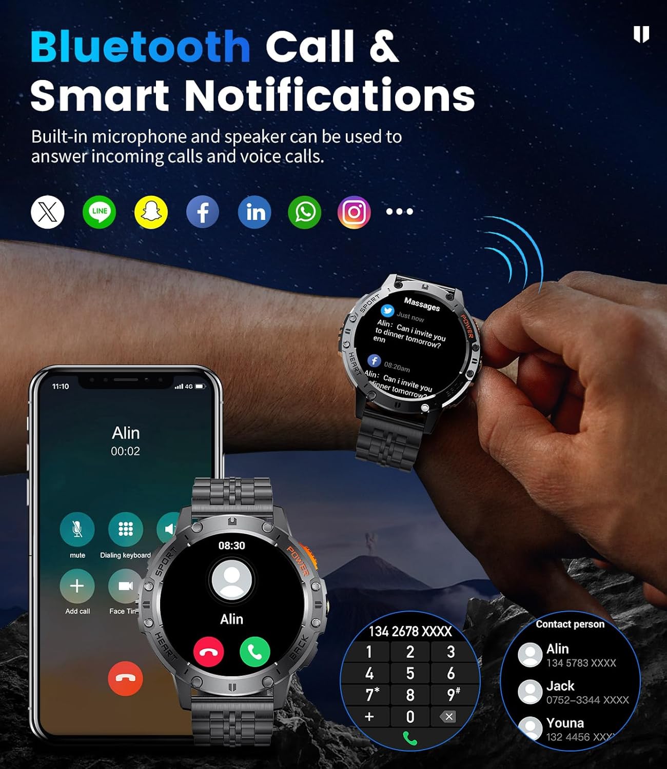 LIGE 1.43" AMOLED Smart Watch for Men with Flashlight, Bluetooth Calling, 100+ Sport Modes, 530mAh, IP68 Waterproof Fitness Tracker for Workout, iOS Android Compatible, Black Steel Leather