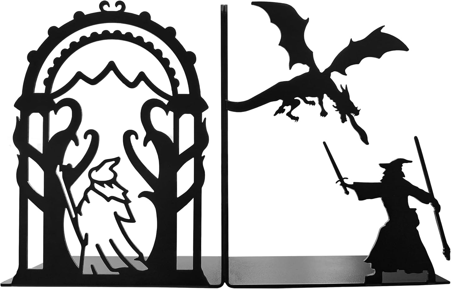 Decorative bookends for Shelves, 7 Inch Tall Heavy Metal Bookends, Unique Bookends, Non Skid Book Ends, Book Stopper for Home/Office Decor/Shelves, Wizard and Dragon Design, Black, 3lb