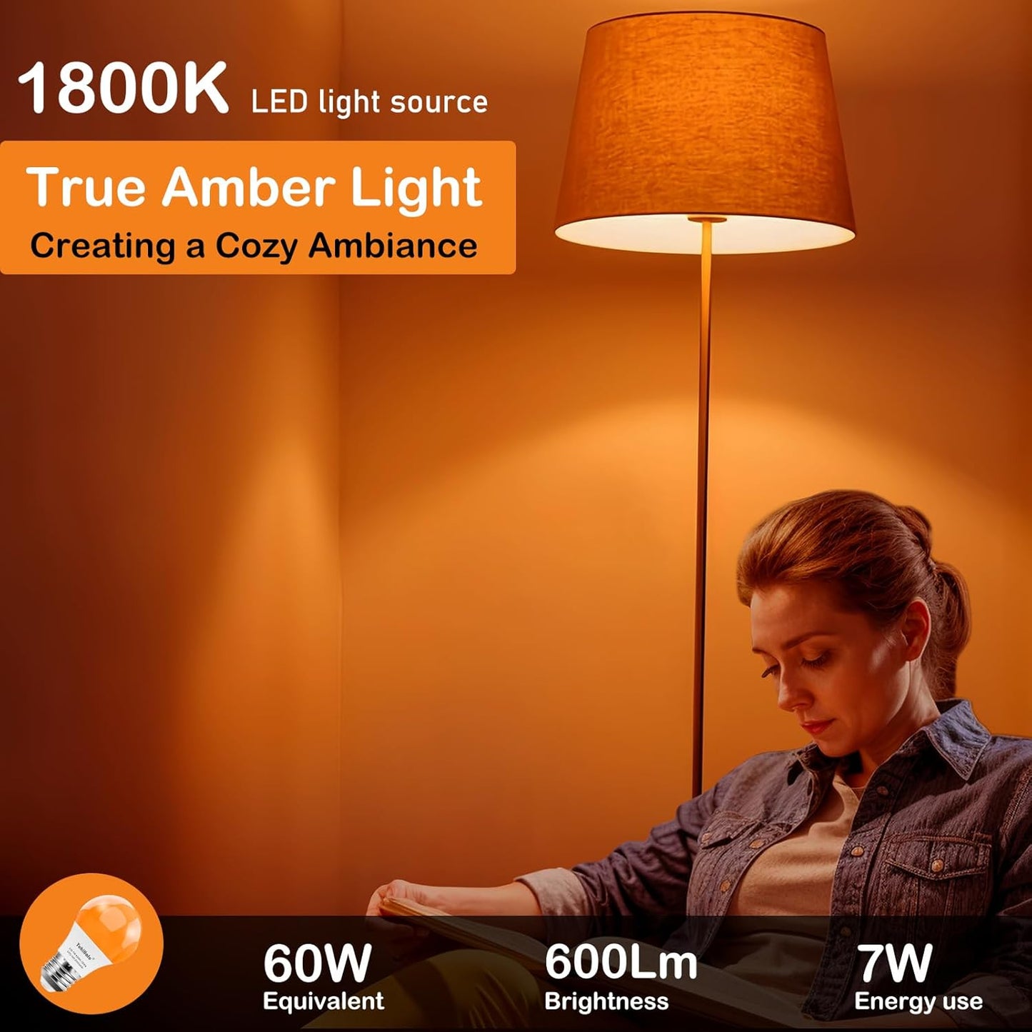 YukiHalu LED Amber Orange Light Bulbs, A15 1800K E26 600Lm, 60W Equivalent Soft Warm Sleep Light Bulbs for Healthy Sleep, Baby Nursery Light, Bedroom Night Light, Not-Dim, 4-Pack