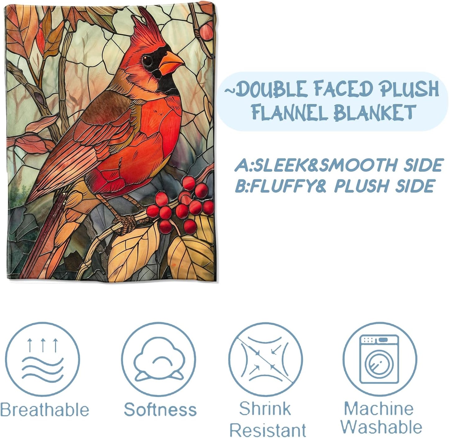 Cardinal Blanket for Couch,Bed,Sofa, Soft Cozy Red Bird Throw Blankets for All Season Glass Decor Gifts, Flannel Plush Blanket Lightweight Comfy for Adult Kids 50”×60”