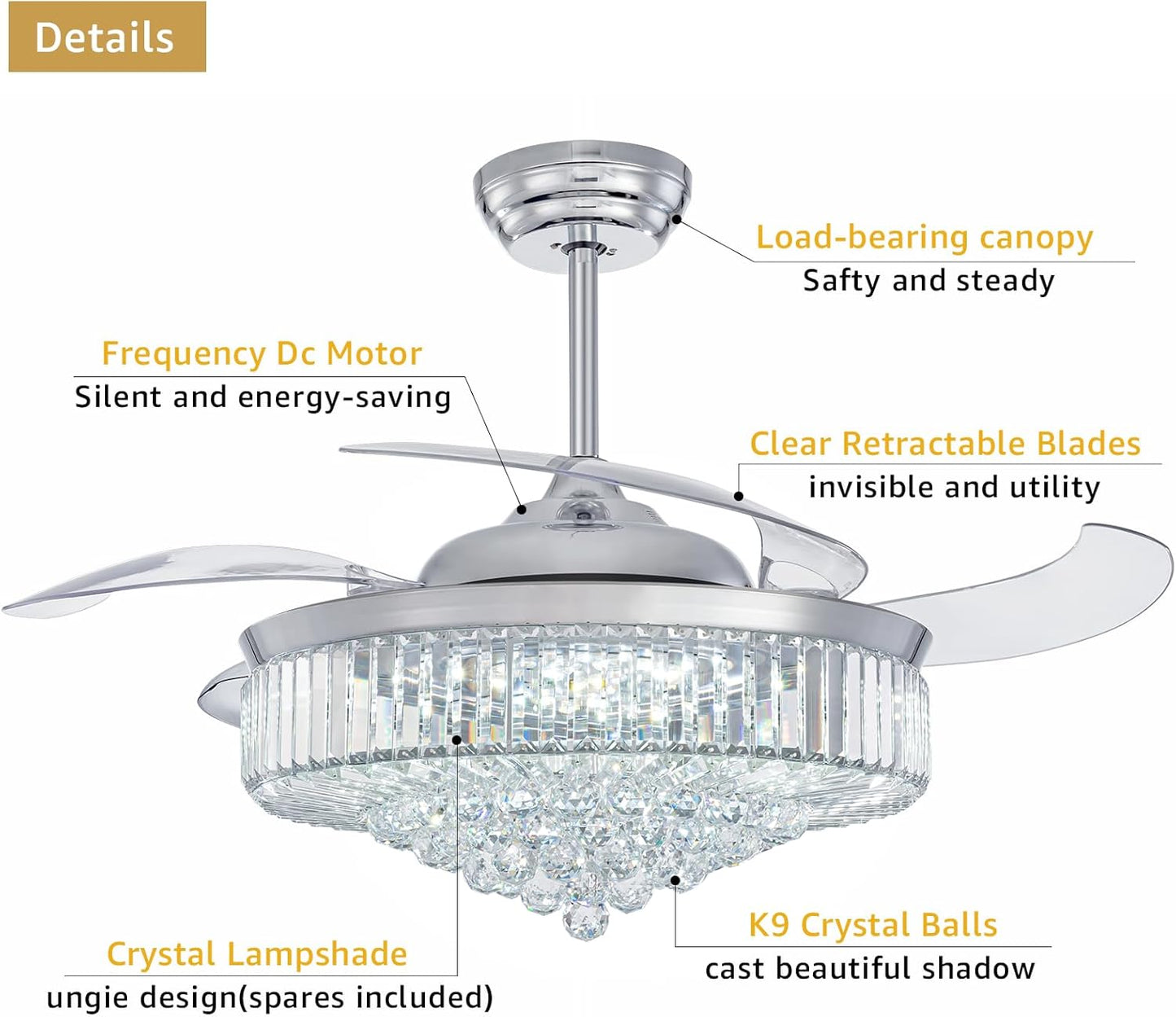 52 Inch Fandelier Ceiling Fan with Lights and Remote, Dimmable Crystal Chandelier Fan, LED Crystal Fan Light Kit for Dining Room Bedroom-Chrome