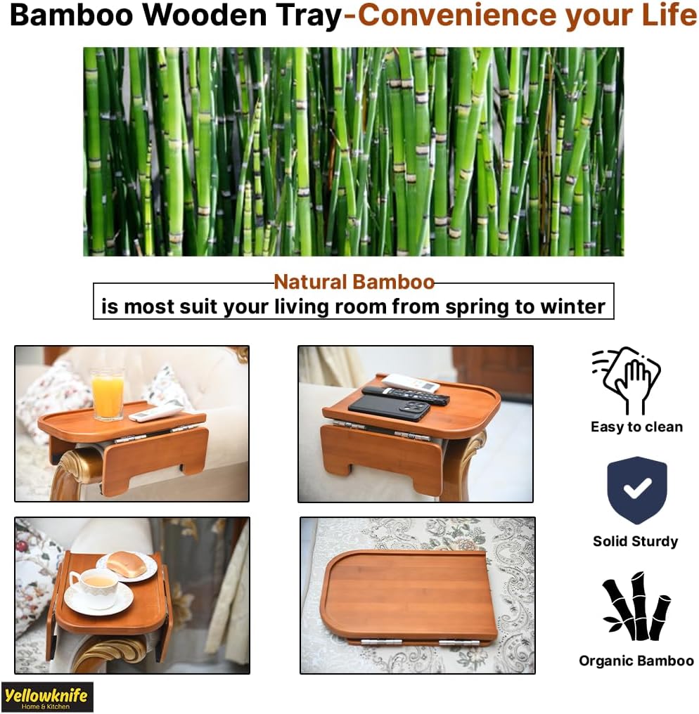 Premium Bamboo Sofa Arm Tray Table -Wooden Couch Arm Tray & Clip-on Sofa Tv tray -Non-Slip Couch Armrest table Caddy For Drinks, Snacks & Dinners -Foldable & Flexible for different Sofa Armrest Shapes