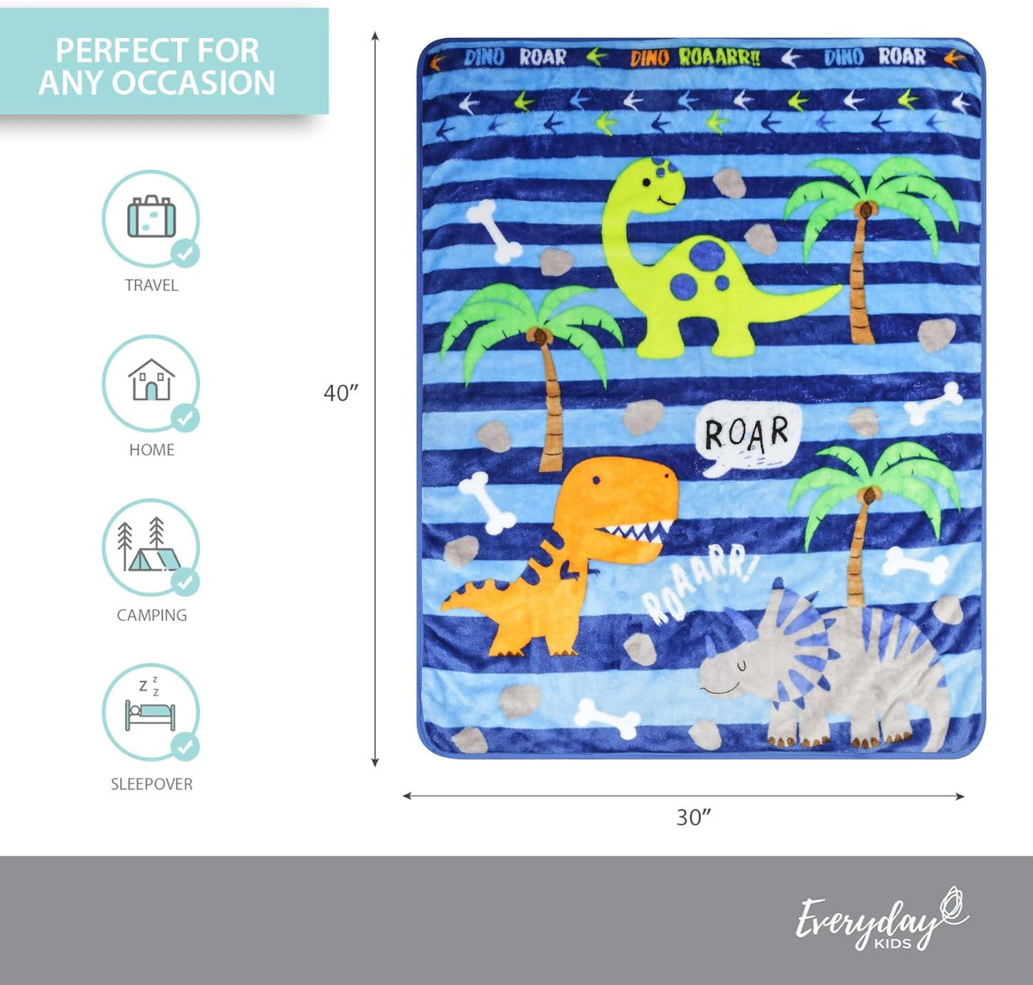 EVERYDAY KIDS Toddler Throw Blanket - 30" by 40" - Roarin Dinos - Super Soft, Plush, Warm and Comfortable