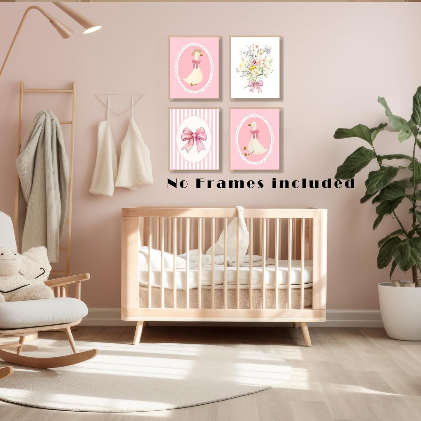 LUKIPOM Coquette Pink Nursery Wall Art Posters Set of 4, Girls Room Bedroom Nursery Dorm Decor, Preppy Pink Bow Goose Wildflower Girly Canvas Prints Artwork Wall Decor, 8x10 Unframed