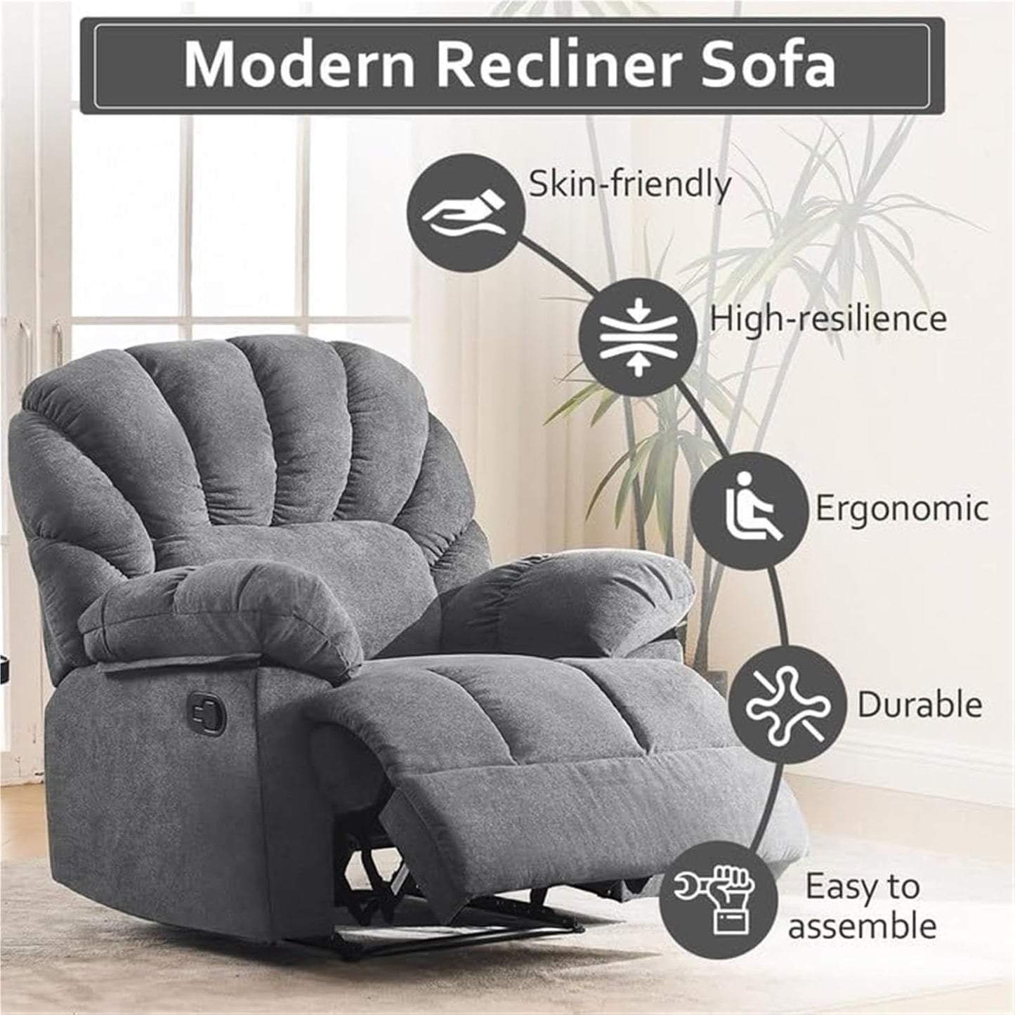 Manual Recliner Chair for Adults, Overstuffed Armrest Fabric Living Room Recliner Sofa, Ergonomic Leisure Chair Classic Single Sofa for Office, Home, Bedroom