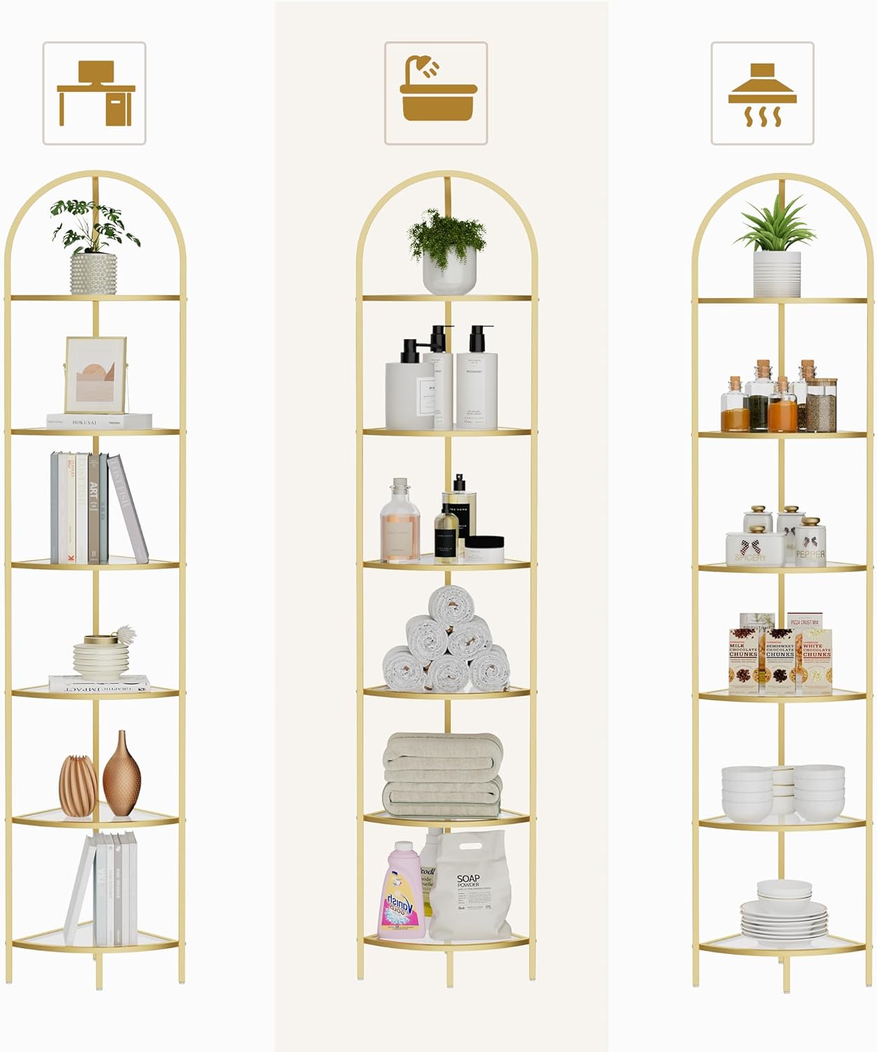 Homhedy 6-Tier Corner Shelf Stand, Metal Corner Bookshelf, Tempered Glass Shelves, Bathroom Storage Rack Shelf, Plant Stand, Modern Style, Golden