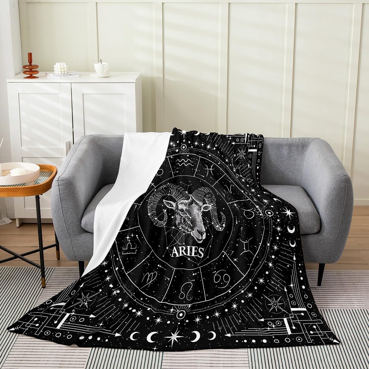 Feelyou Aries Blanket 40"x50" Zodiac Plush Throw Blanket, for Sofa Couch Kids Boys Girls Decor Psychedelic Flannel Fleece Blanket Twelve Constellations Black Bedroom