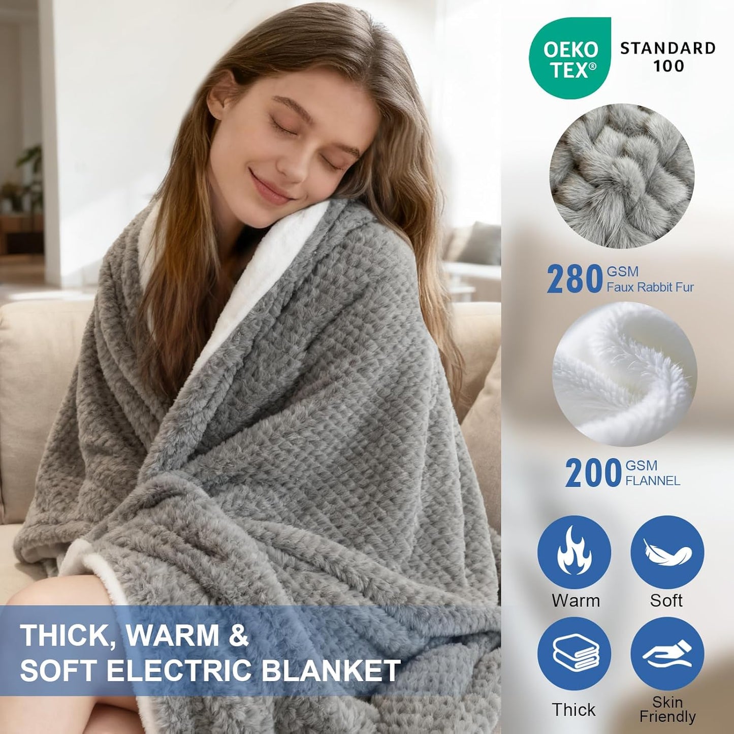 Heated Blanket Electric Blanket,Cozy Faux Rabbit Fur & Soft Flannel Warm Heater Throw Blanket with 5 Fast Heating Levels &10Hours Auto-Off Over-Heat Protection，50" x 60" (Grey)