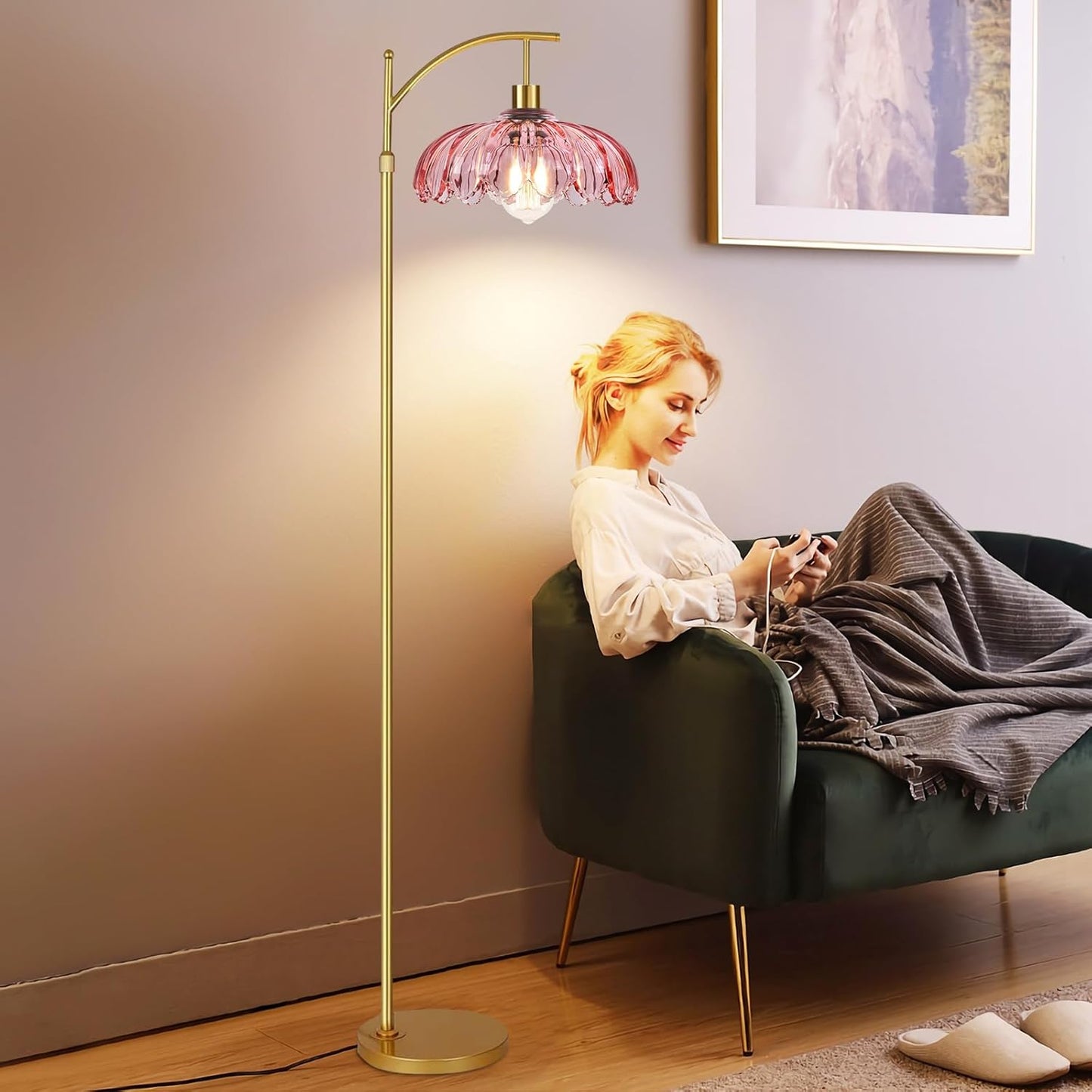 Floor Lamp for Living Room,Bedroom,Gold Dimmable Standing Lamp with Remote,Mid Century Modern Brass Tall Lamp Retro Vintage Pink Glass Lamp Floor Light Boho Bohemian