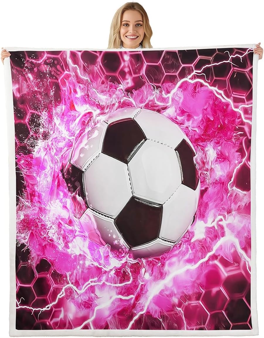 Erosebridal Pink Soccer Blanket Throw 50x60,Girls Football Fuzzy Blanket for Kids Boys Teens,Girly Honeycomb Lightning Throw Blanket,Geometric Hexagon Plush Blanket for Home Room Decor,All Season