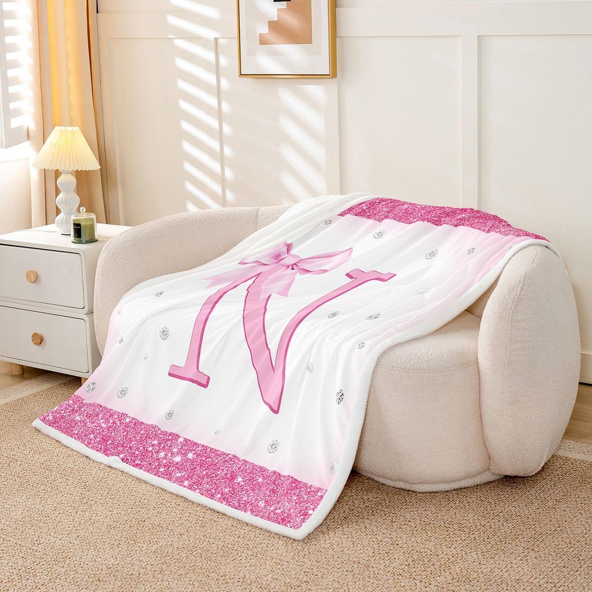 Feelyou Glitter Bow Sherpa Throw Blanket for Couch Letter 'N' Print Super Soft Cozy Fleece Pastel Blanket for Winter, Plush Throw Bow Knot Print Baby 30"x40" Colorful All Season