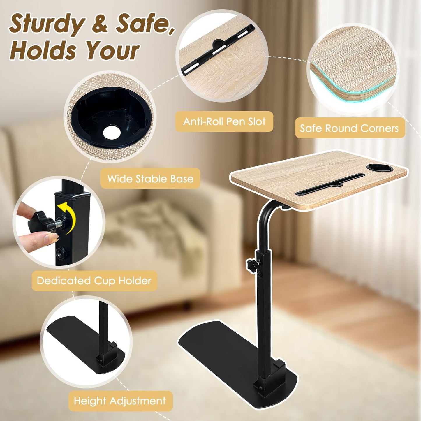 NEPPT Swivel Tray Table for Recliner, 360° Rotating TV Trays for Eating On Couch & Chairs, Adjustable Height Laptop Desk, Independent Living Aid Side Table for Seniors & Elderly with Limited Mobility