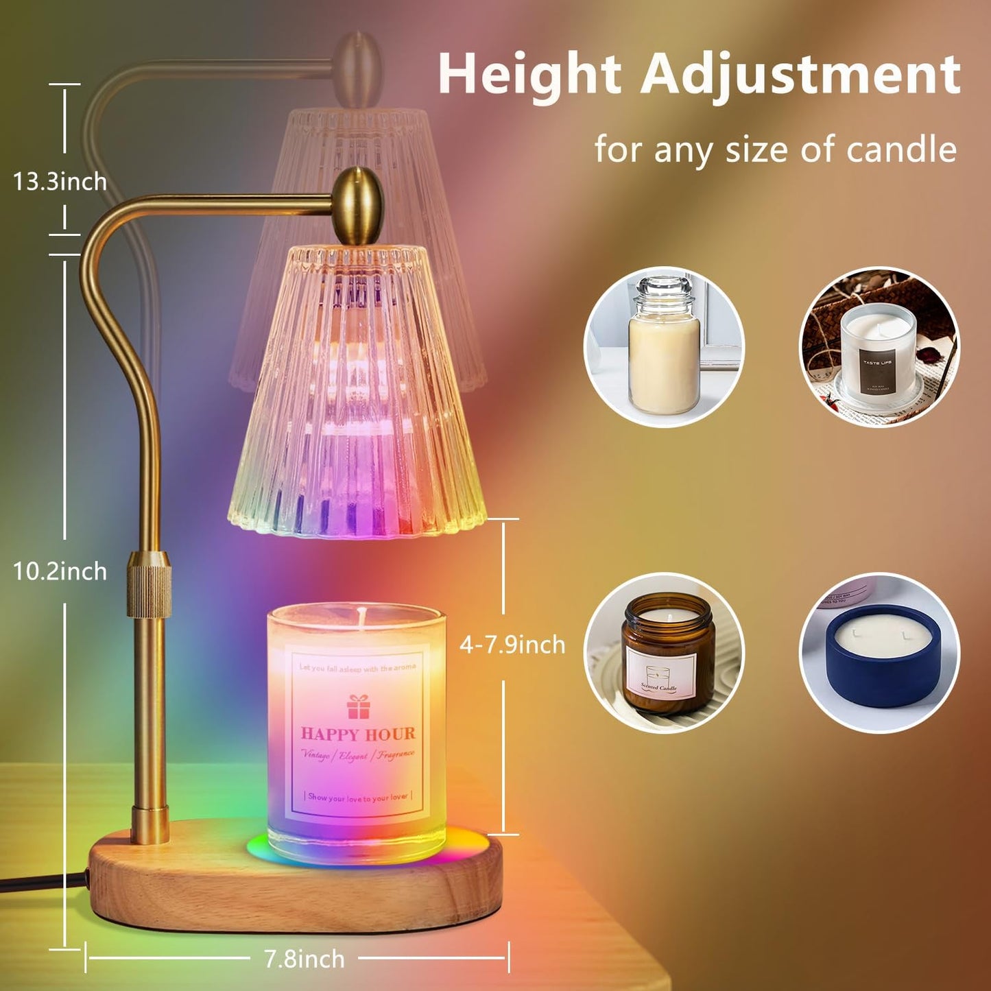 Dimmable Candle Warmer Lamp with RGB Mode & Timer, Electric Melting Lamps for Jar Candles, Wax Melt Warmers for Home Bedroom Decor (8 Colors LED Changing)
