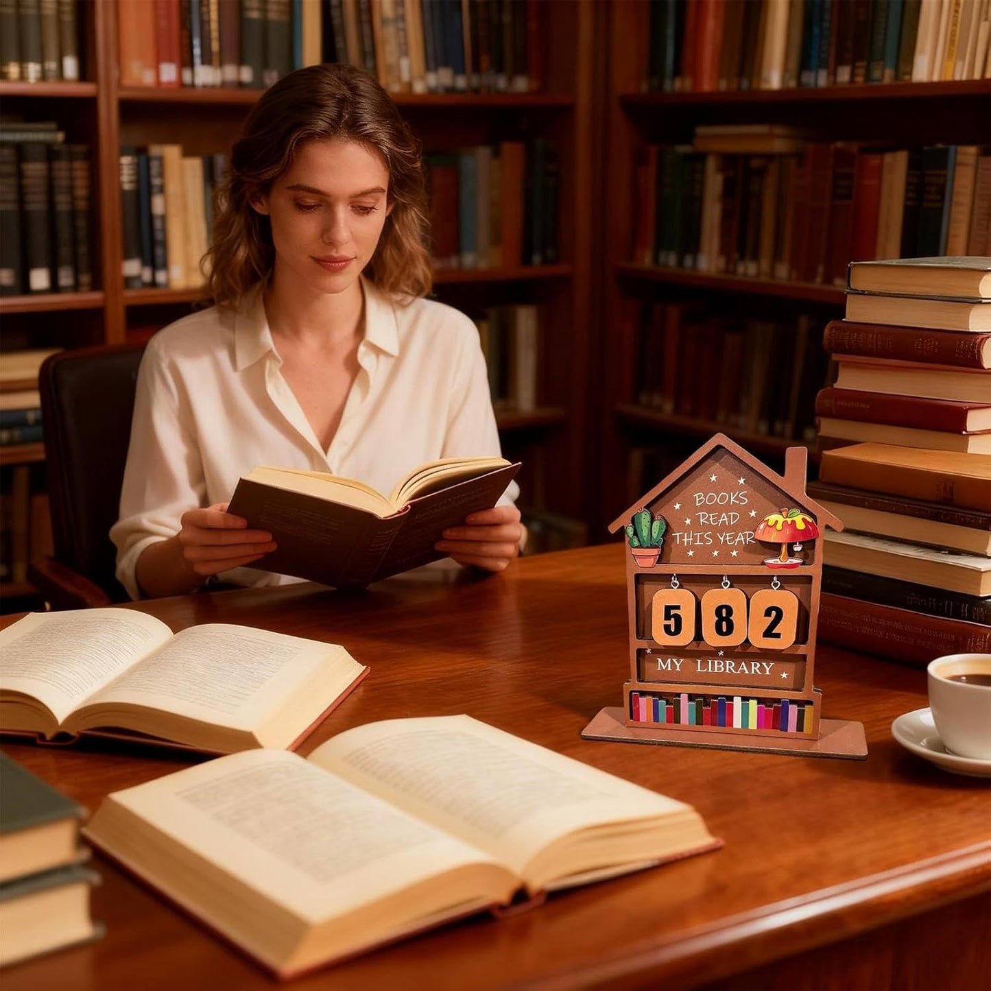 Wooden Book Counter, Rustic Reading Display, Counter Sign with Tracker, Wood Table Sign with Stand, Reading Accessory with Charm, Bookish Gift for Reader Teacher Student Home 7.87x5.91x0.39 Inches