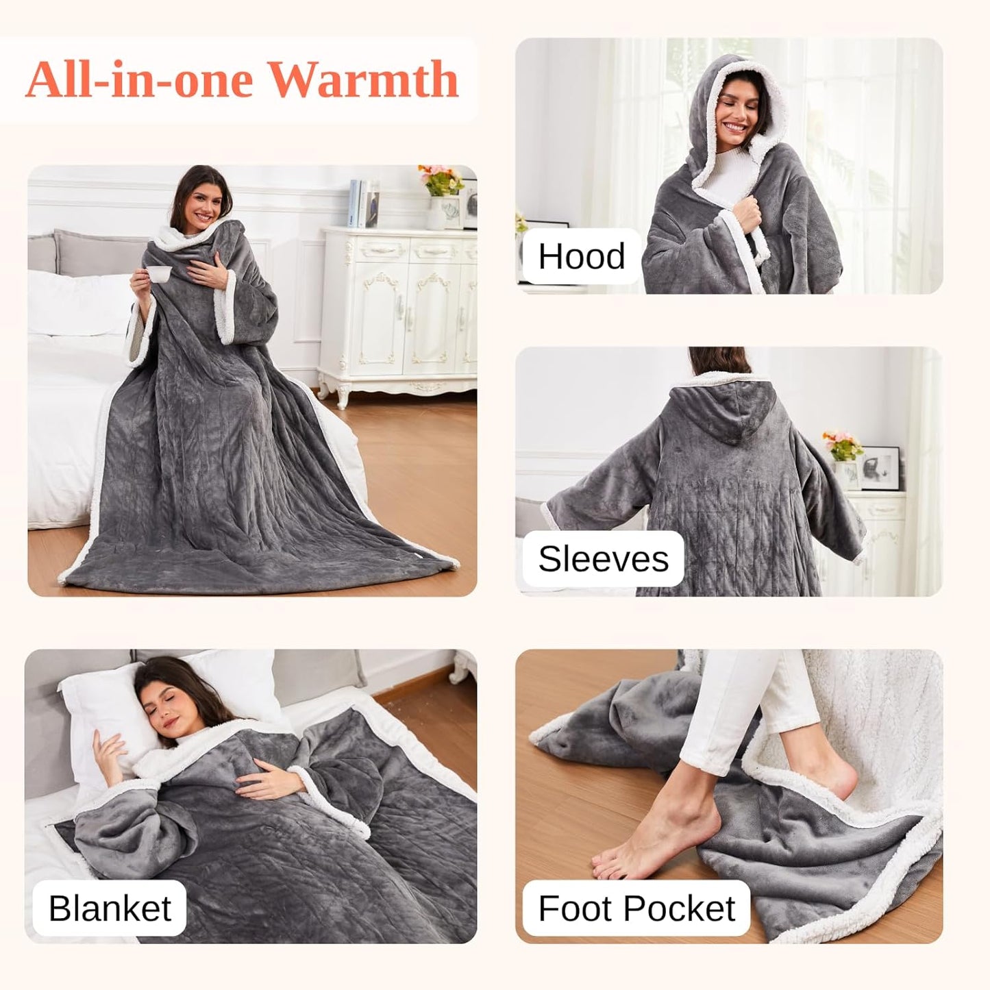 Wearable Heated Blanket with Foot Pocket Sleeves, Heated Robe Heated Snuggie, 6 Heating Levels 4 Hours Auto-Off, Overheat Protection Machine Washable, 50”x70”, Grey