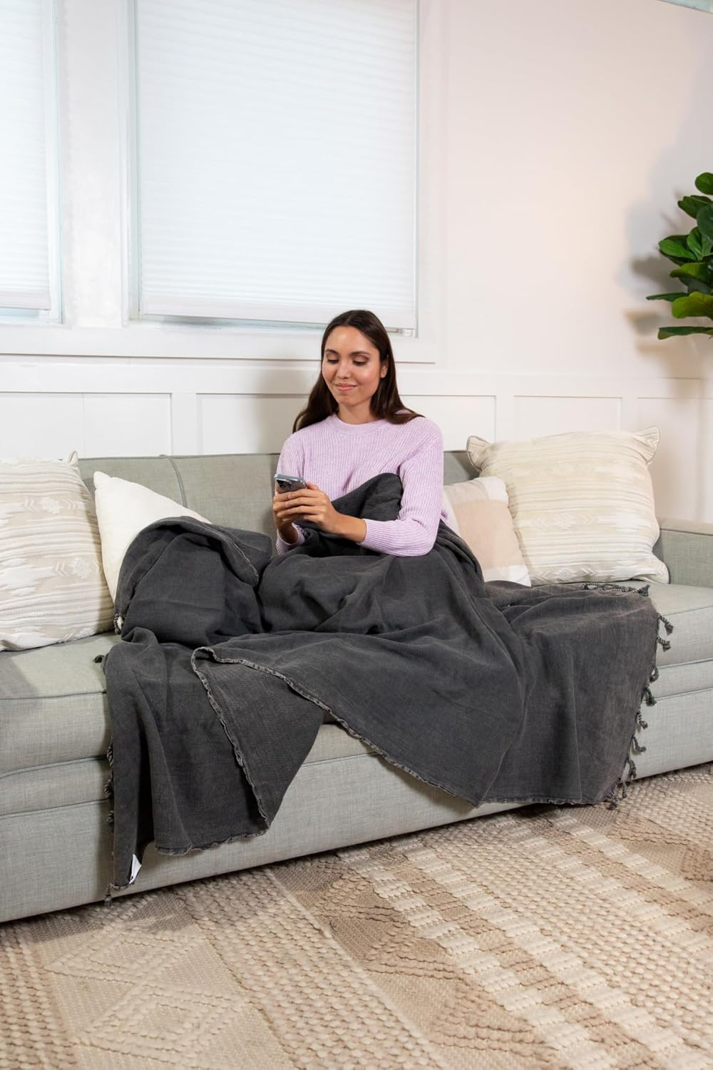 Stonewashed Turkish Throw Blanket - 100% Organic Cotton - 80" x 48" - Soft, Lightweight, Cozy - for Couch, Sofa, Picnic, Yoga - Charcoal Grey