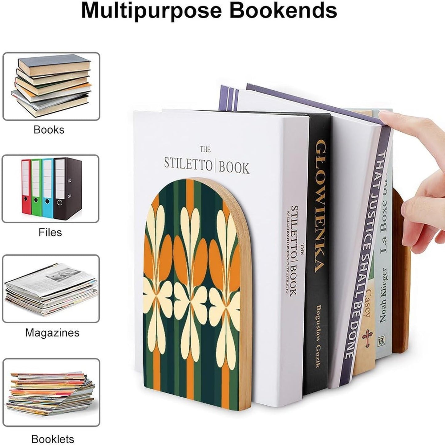 Non-Slip Bookend for Shelves Repeating Pattern Wooden Bookends with Metal Base Decorative Book Stopper for Home Heavy Duty Wood Book Storage for Books/CDs