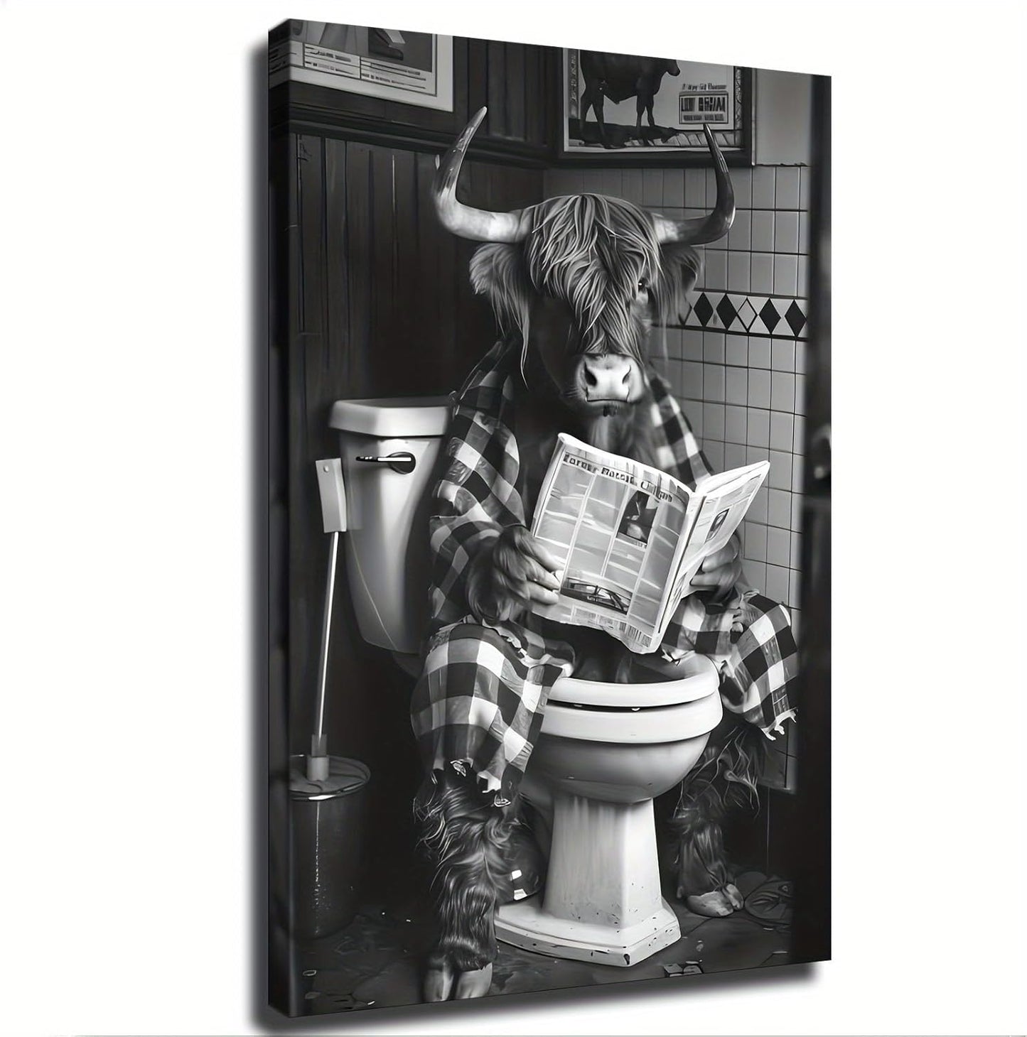 Cow Reading Newspaper in Toilet is Funny Canvas Wall Prints poster Modern Home Aesthetic Decor Wall art for Bedroom Dorm (16x24inch Unframe)