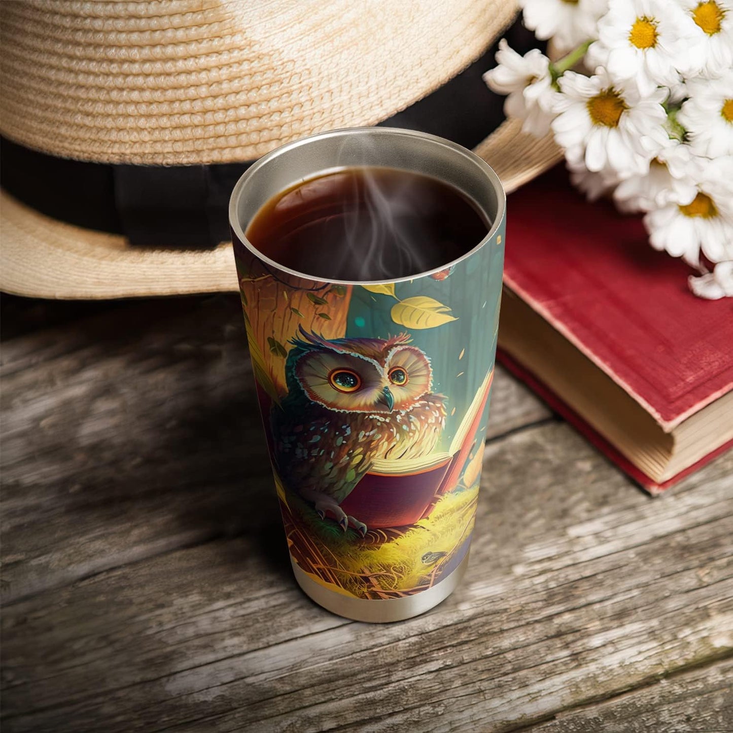 20oz Cute Books Owl Tumbler, Gifts for Owl Lovers, Librarian, Reading Gifts, Café Tumbler for Women, Stainless Steel Double Wall Vacuum Insulated Coffee Mug, Travel Cup with Lid