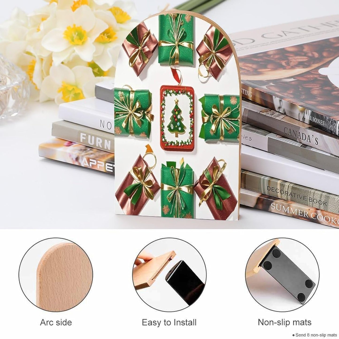 Wrapping Bookends 1 Pair Heavy Duty Book Ends for Shelves Non-Skid Bookend Supports Wooden Book Holders with Metal Base Desk Organizers Books Storage to Hold Books