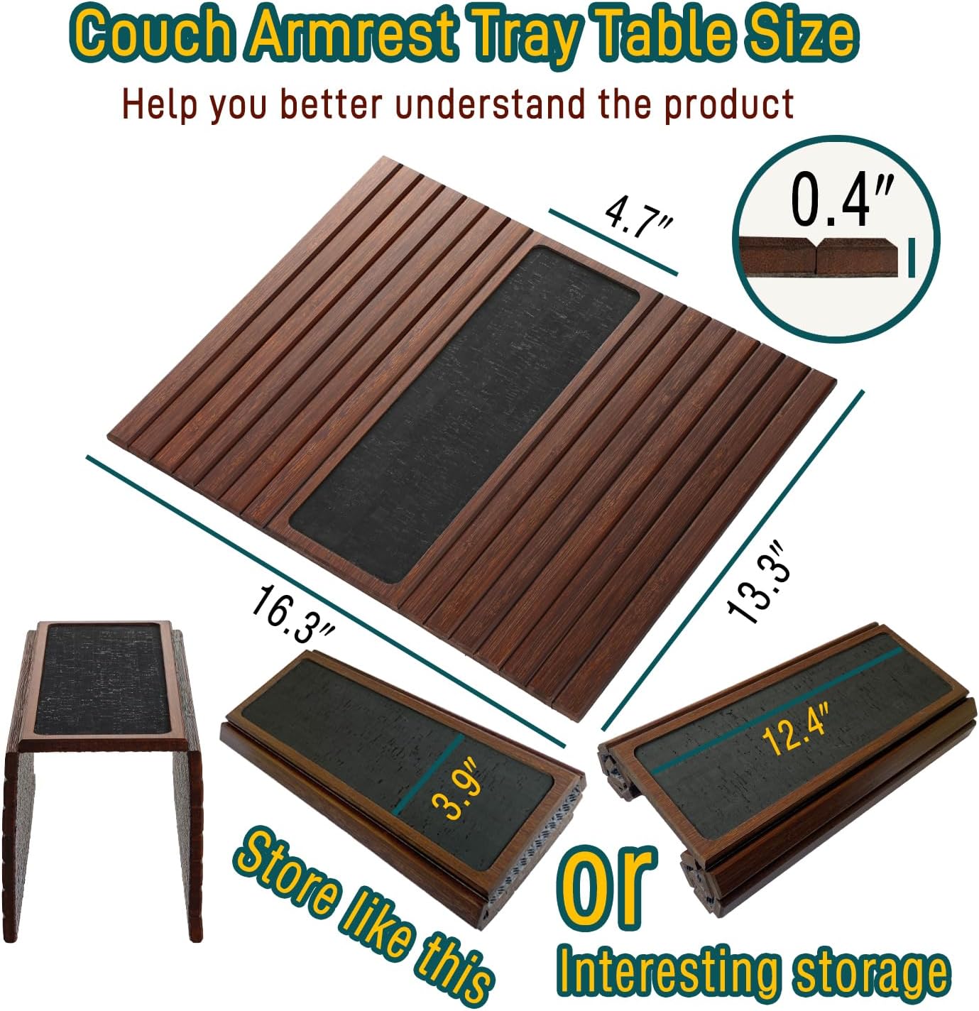 Bamboo Couch Arm Tray Table with Anti-Slip Cork Pad，Foldable Sofa Armrest Tray Table for Couch，Flexible Couch Arm Cup Holder，Portable Sofa Arm Chair Table for Drink, Snacks, Phone, Remote (Brown)