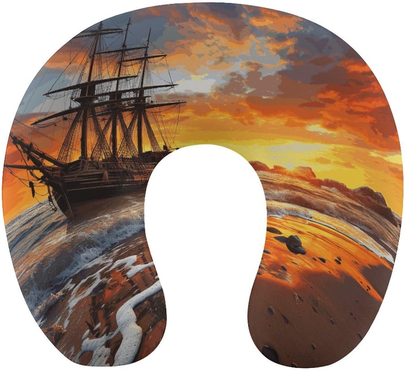 Pirate Ship in The Sunset Neck Pillow Memory Foam U Shaped Pillows Portable Pillows for Shoulder Travel Head Support Pillow with Concealed Zipper for Airplane Car Home Office