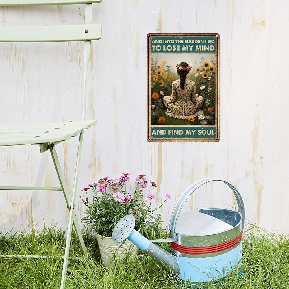 Funnysign Garden Gifts Vintage Metal Tin Sign – “And Into the Garden I Go to Lose My Mind and Find My Soul” Rustic Floral Wall Art for Home, Patio, Garden Décor – 8x12 Inches (9849)
