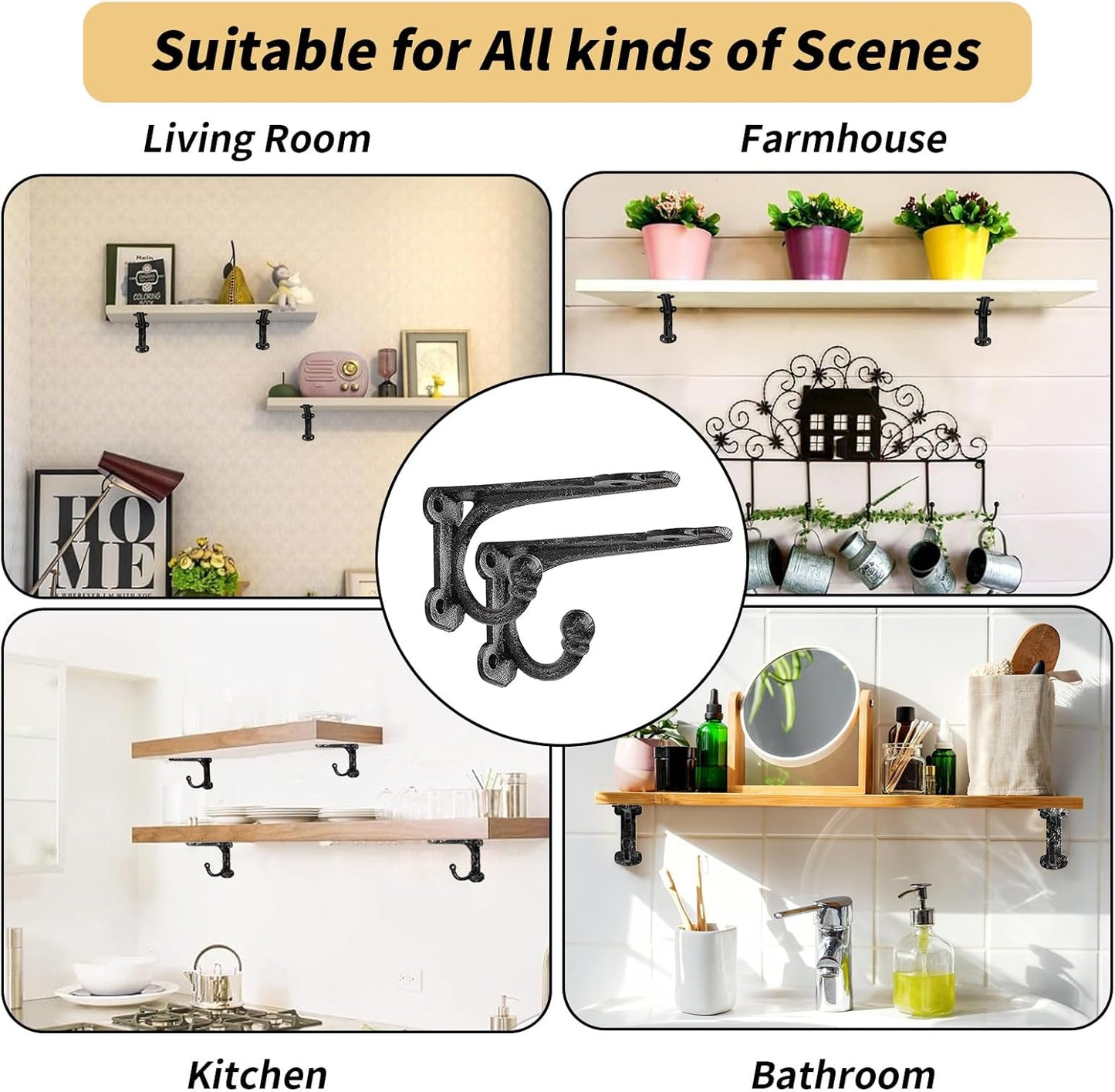 Cast Iron Shelf Brackets 4 Inch, 4 Pack Black Rustic Shelf Brackets with Hooks，Heavy Duty Floating Brackets Wall Mounted, Decorative Brackets for Wood Shelves