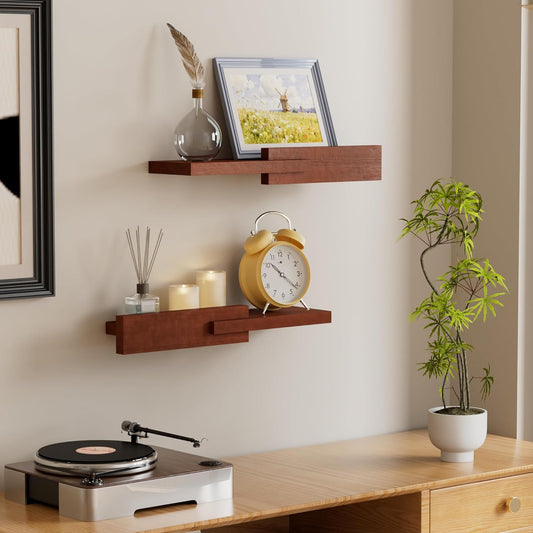 Solid Pine Floating Wall Shelf, Minimalist Wooden Display Shelf with Front Guard Lip, Vinyl Wall Mount, Vinyl Shelf for Records, Books, Plants & Home Decor Rustic Brown