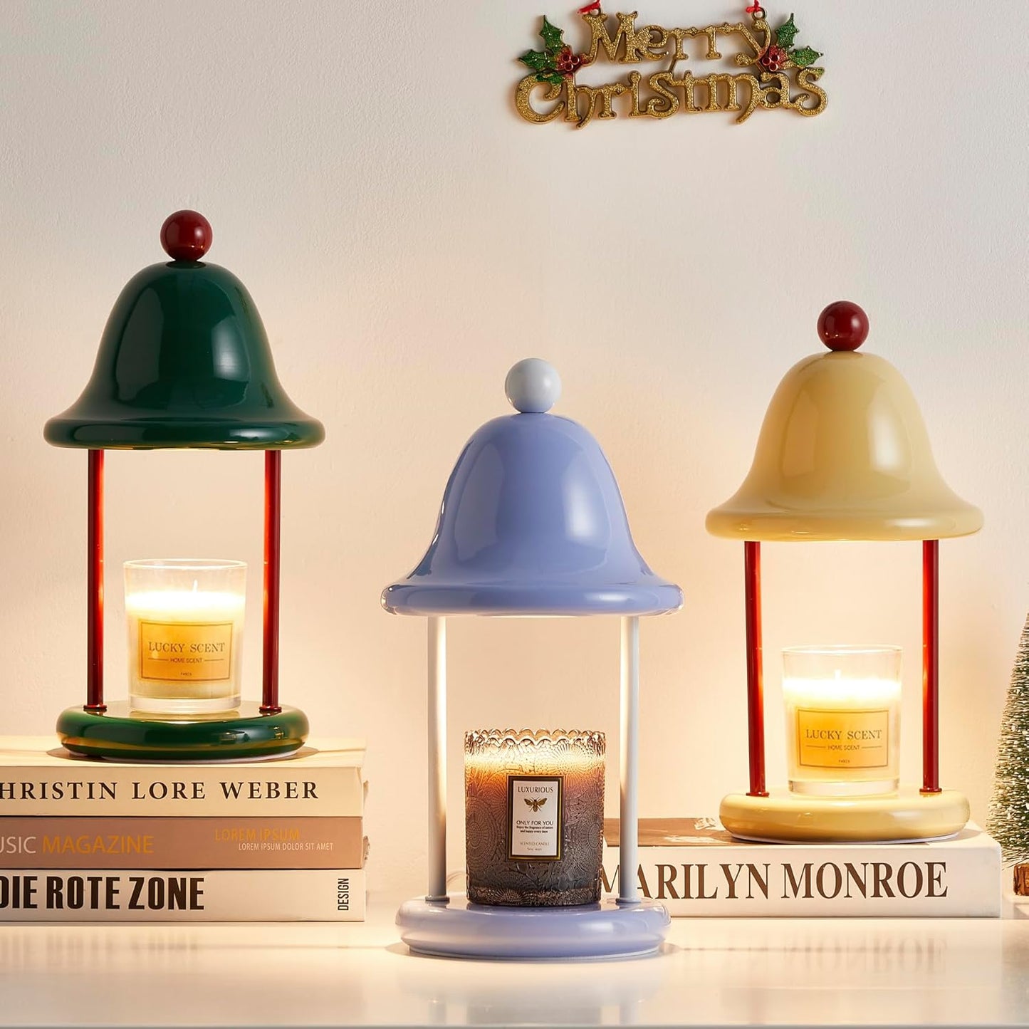 Bell Candle Warmer Lamp with Timer Dimmable, Bedroom House Office Aesthetic Living Girls Room New Home Decor, Christmas Birthday New Year Gifts for Women Mom - Light Yellow & Red