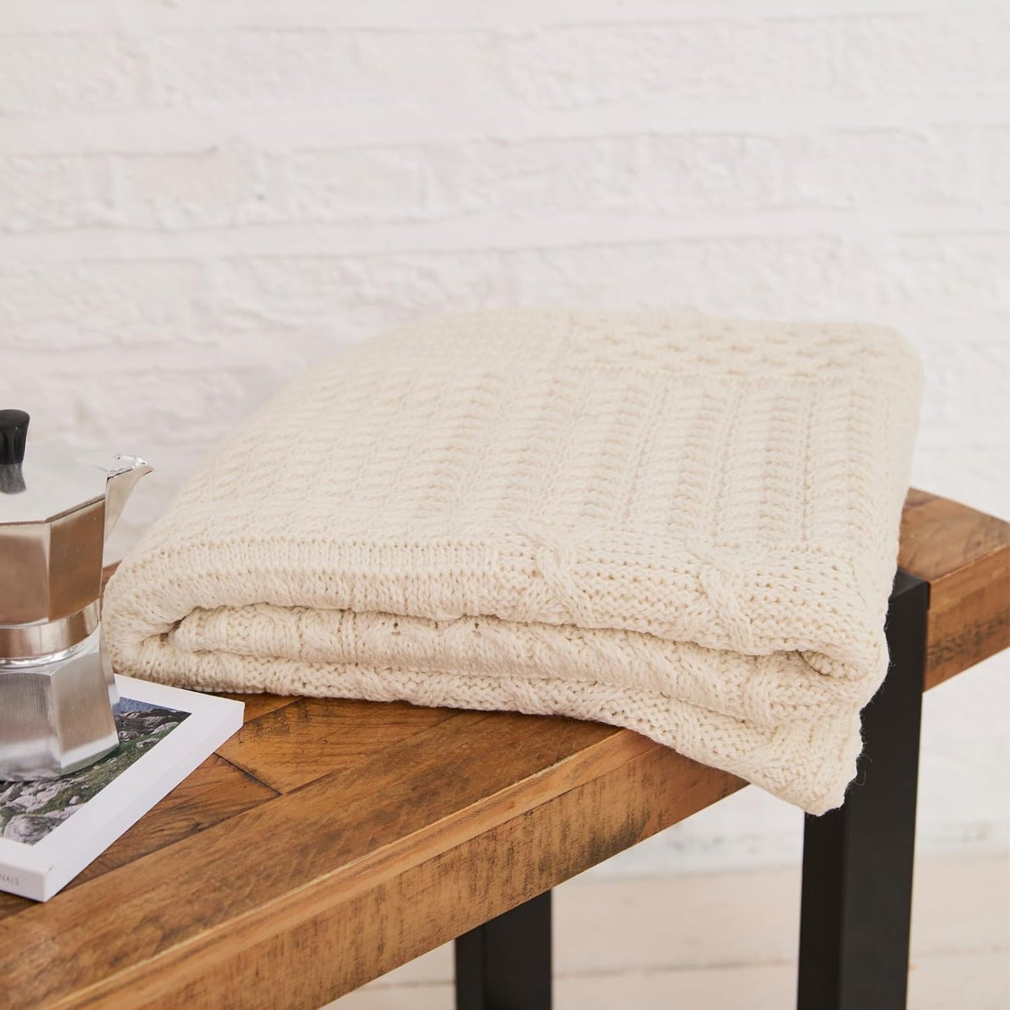 Aran Woollen Mills Patchwork Blanket, 100% Merino Wool,Cable Throw Blanket for Couch or Bed, Made in Ireland, Keel, Cream, 40" x 60" (102 x 152 cm)