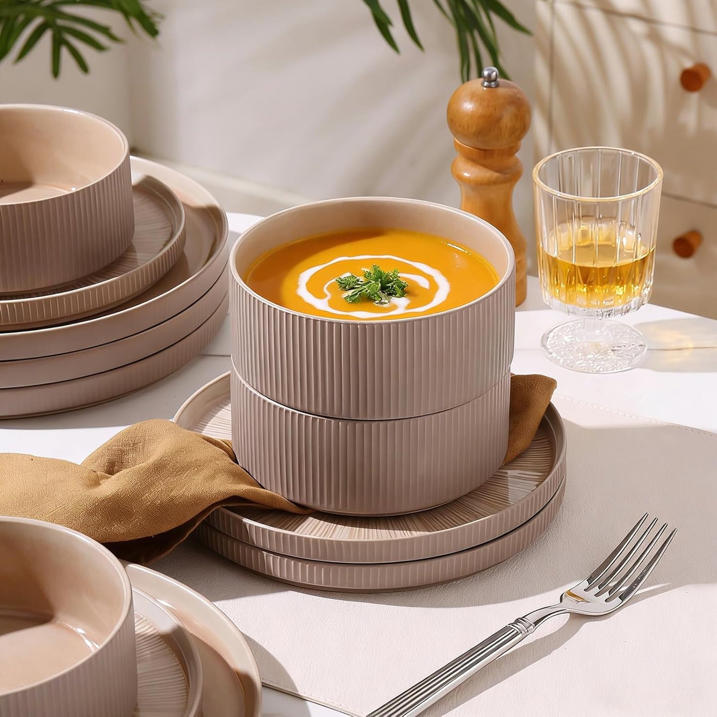 Dinnerware Sets for 4, Ceramic Plates and Bowls Set 12 Piece Dinnerware Chip Resistant Stoneware, Dishwasher and Microwave Safe-Brown