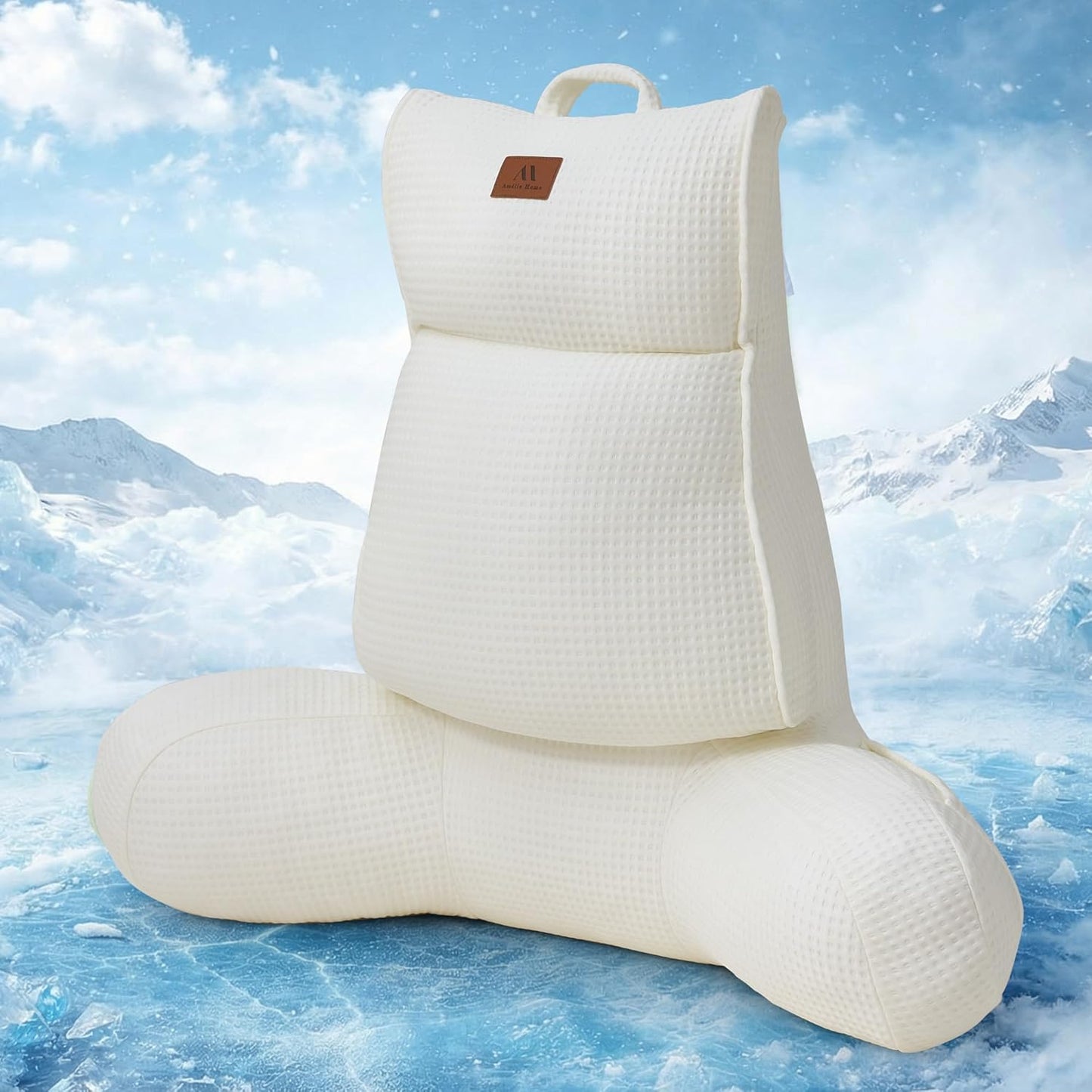 Amélie Home Premium Cooling Waffle Reading Pillow, Qmax>0.37 Ergonomic Backrest Support with Pocket & Handle, Breathable Lounging Pillow for Bed Sofa Floor Summer, 29 Inches, Ivory