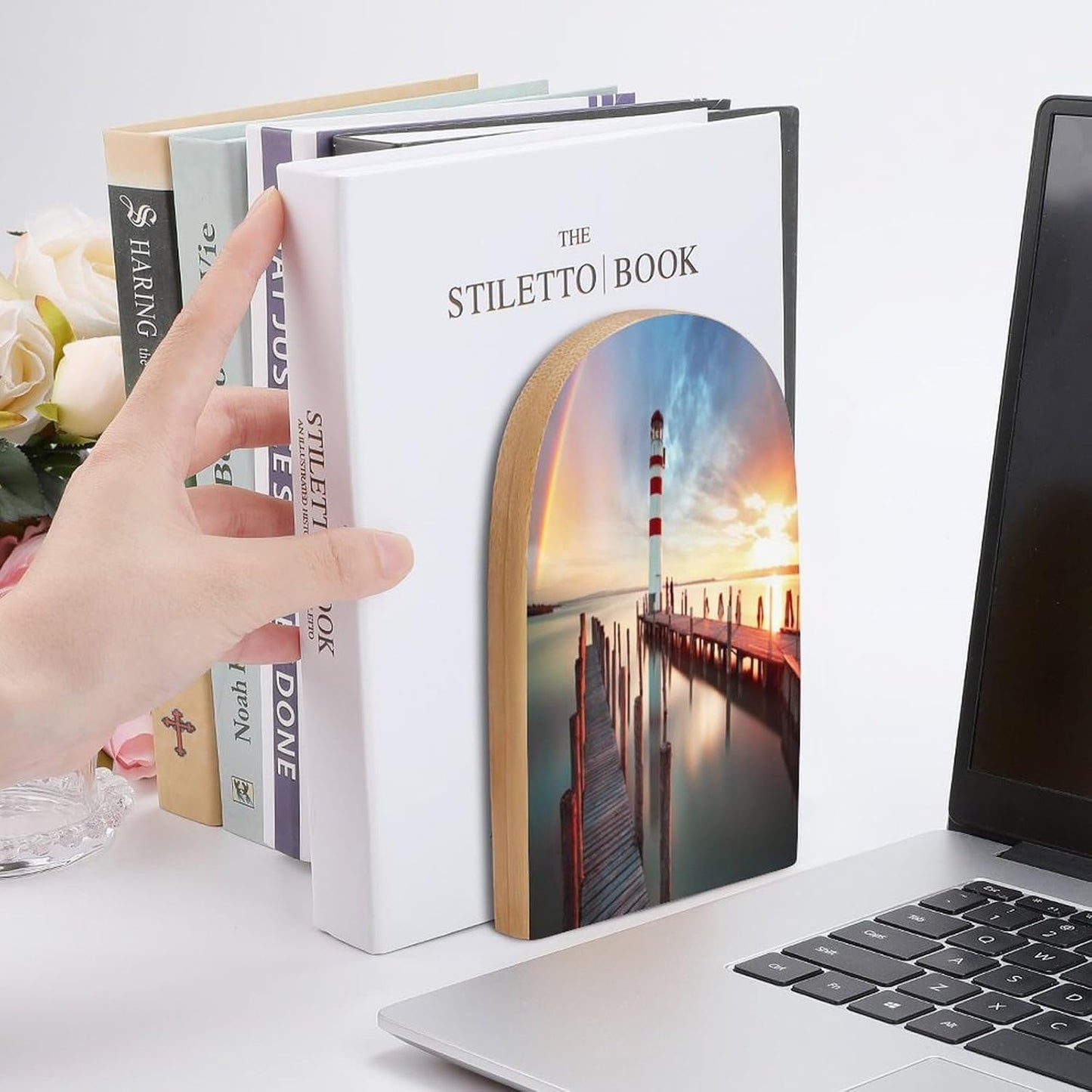Rainbows Lighthouse Seaside Wooden Bookend Non-Slip Book Ends Heavy Duty Book Stopper with Metal Base Books Holderd Decorative Bookends Stands Firmly for Office Supplies