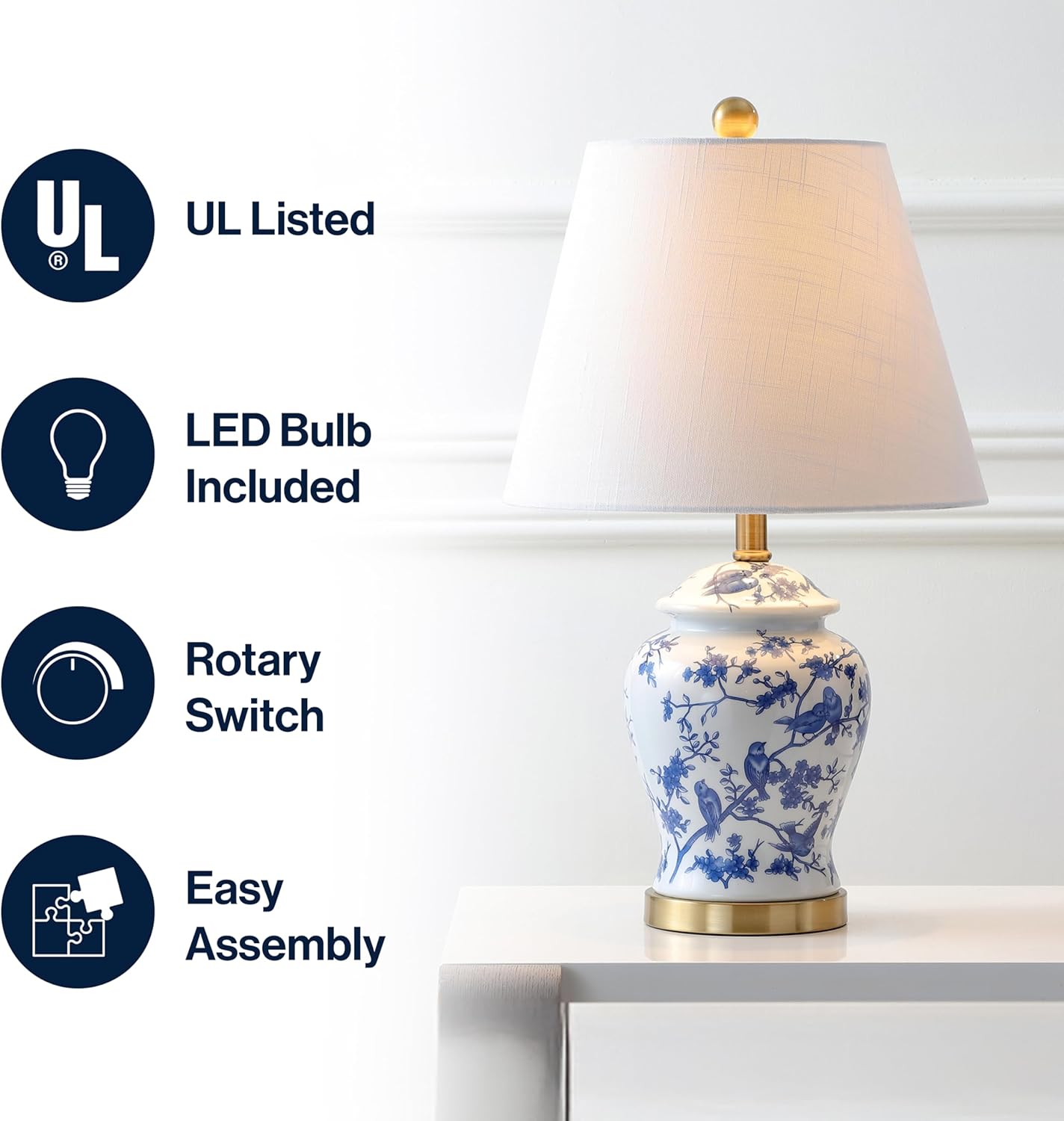 JONATHAN Y 22" Blue/White Ceramic Table Lamp, French Country Chinoiserie Ginger Jar LED Bedside Lamp for Living Room Bedroom, White Linen Shade, JYL3005A