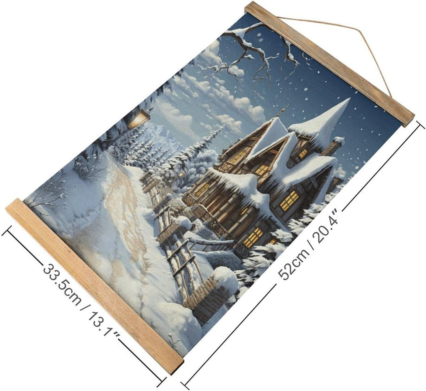 Vintage Christmas Winter Happy Scene Poster with Wooden Frame Personalized Linen Hanging Scroll Painting Rustic Wall Hanging Illustrative Modern Artwork Decor for Home Living Room Bedroom Office