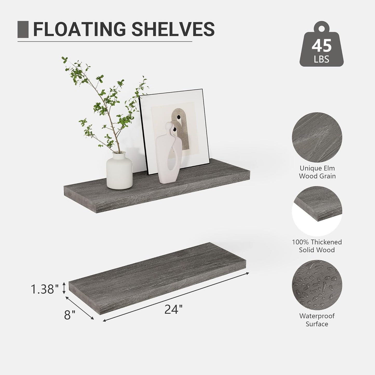 Vivelove Elm Floating Shelves for Wall Solid Wood, 24 Inches Long Rustic Wall Shelf with Invisible Bracket for Living Room Bedroom Bathroom Office Book, Farmhouse Wall Display Shelf, Set of 2 - Grey