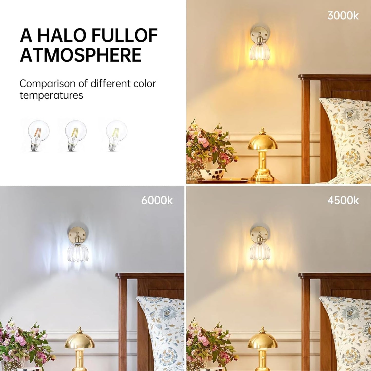 Vintage Wall Sconces with Transparent Tulip Glass Lampshade 180 Degree Adjustable Brass Sconces Hradwired Modern Wall Lighting Fixture with Switch for Bedside Bedroom Doorway