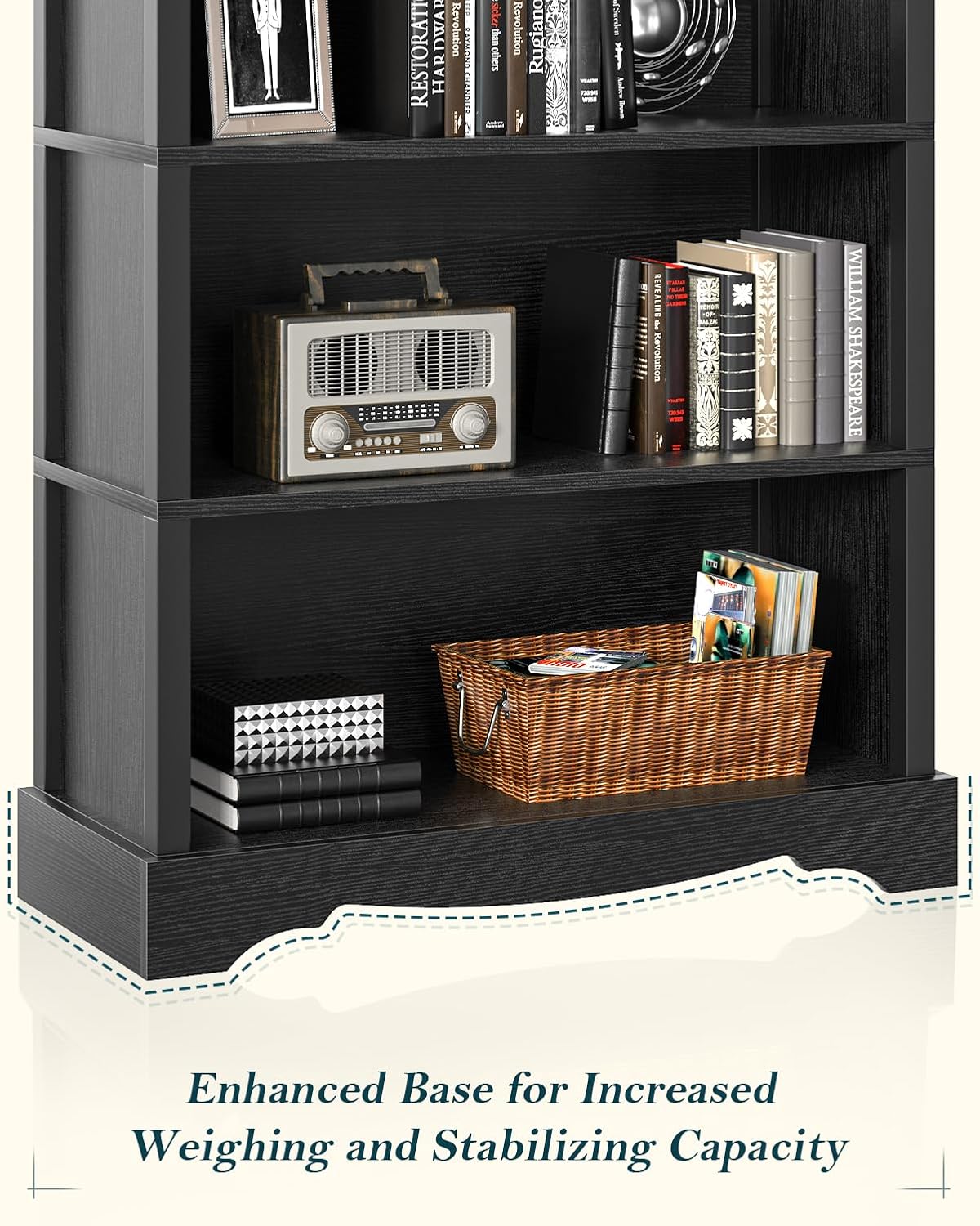 TVU 5-Tier Wooden Bookshelf, 65 Inch Tall Bookshelf with Storage, Floor Standing Modern Style Display Bookcase for Living Room, Office, Study Room, Entryway, Black