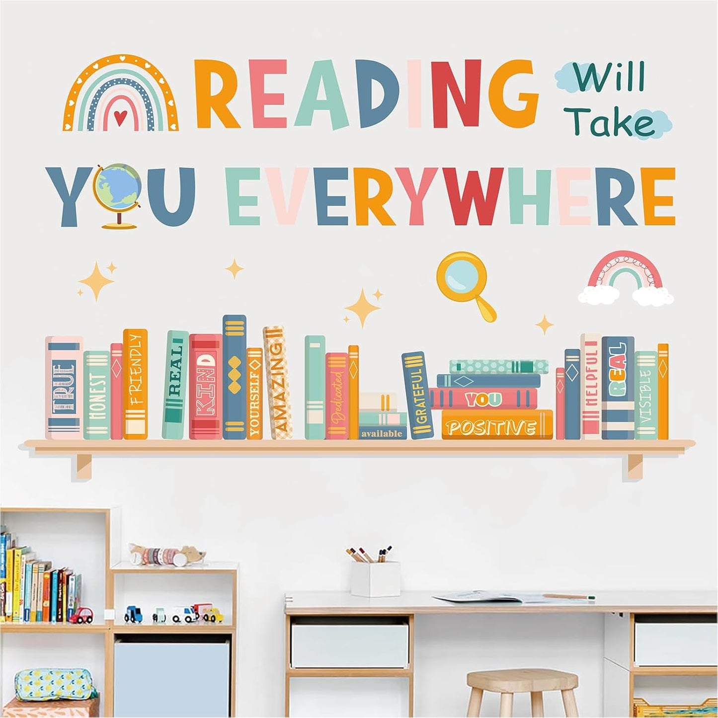 JarThenaAMCS 2 Sheets Back to School Hippie Boho Reading Wall Stickers Positive Quote Book Print Large Room Mural Decals for Classroom Library Decor, 11.8 x 35.4 Inch