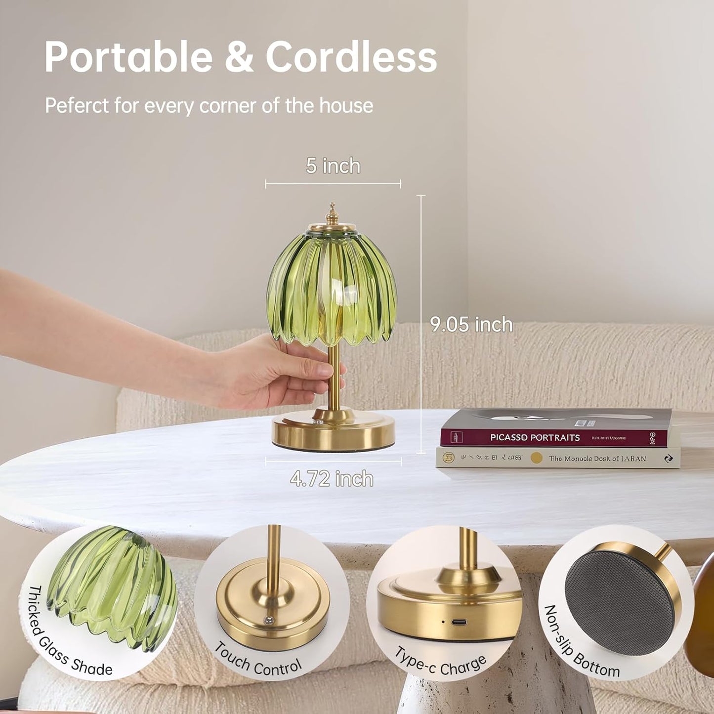 Tulip Small Table Lamp, 5200mAh Cordless Touch Control Mini Table Lamp with 3 Color Temps & Stepless Dimming, Perfect for Small Spaces Like Dressers, Bedsides, Bookshelves (Green Tulip)