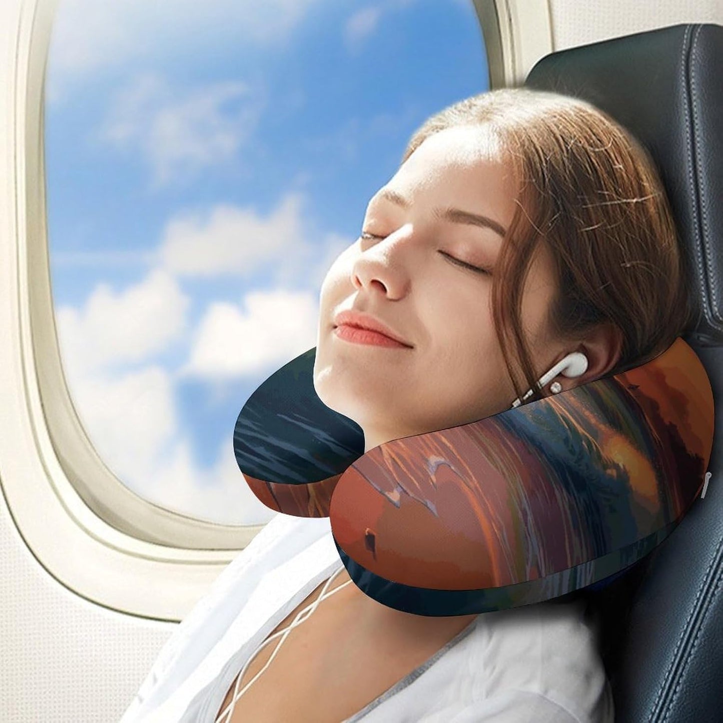 Sunset Seaside Neck Pillow Memory Foam U Shaped Pillows Portable Pillows for Shoulder Travel Head Support Pillow with Concealed Zipper for Airplane Car Home Office