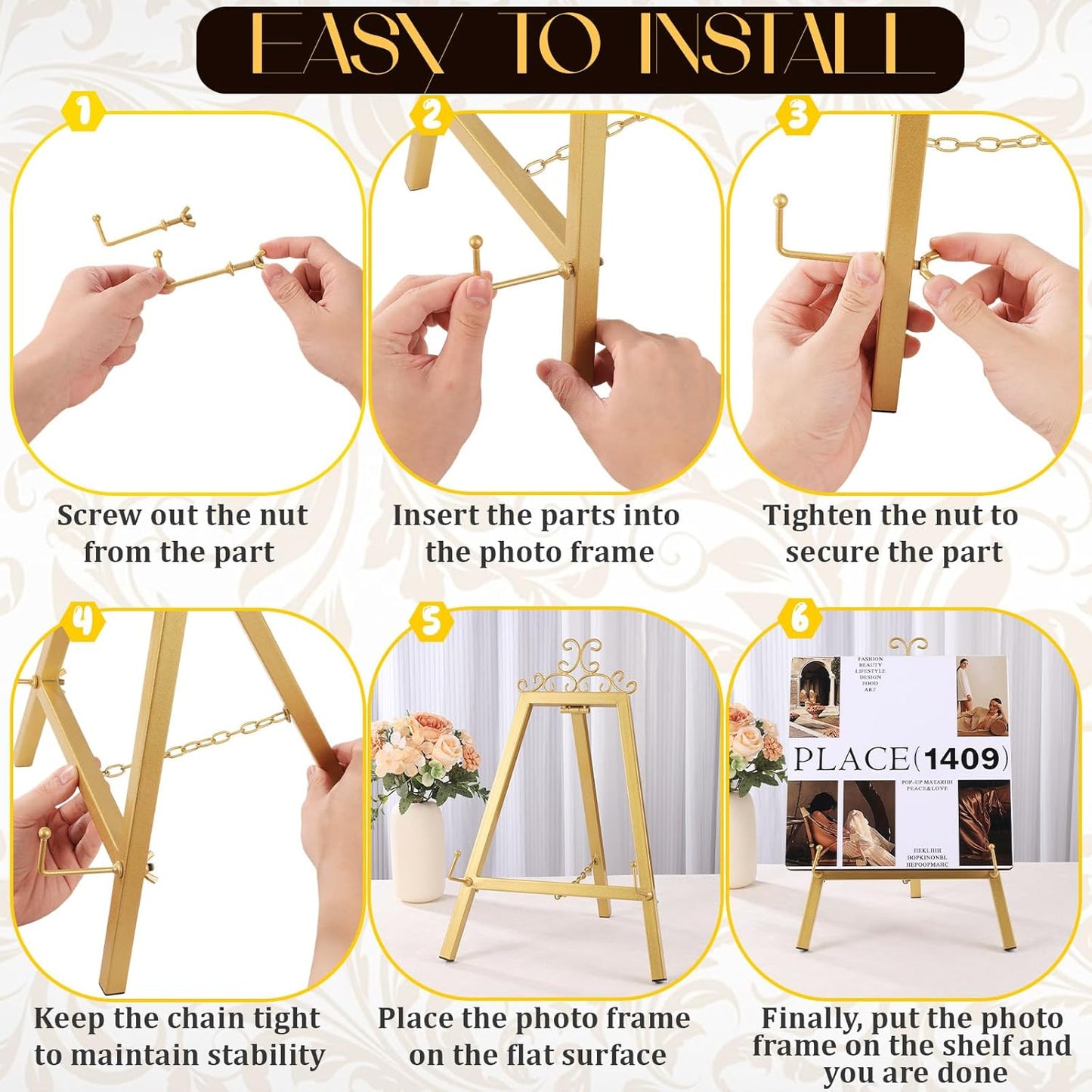 17'' Gold Tabletop Easel Stand for Sign, Metal Display Stand with Chain Support, Vintage Decor Art Easel for Display, Tabletop Picture Frame Stands for Home Wedding Photos Painting Artwork