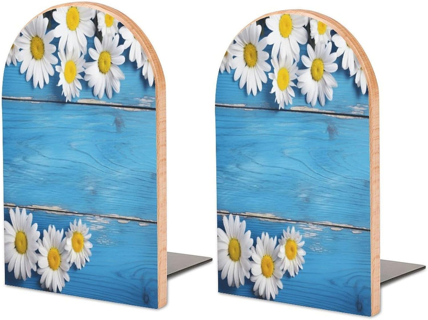 Daisy Flowers Blue Wooden Bookend for Shelves Wooden Book End Large Size Sturdy Book Holders Stoppers with Metal Base for Bookshelves Slick Decorative Bookends Stands
