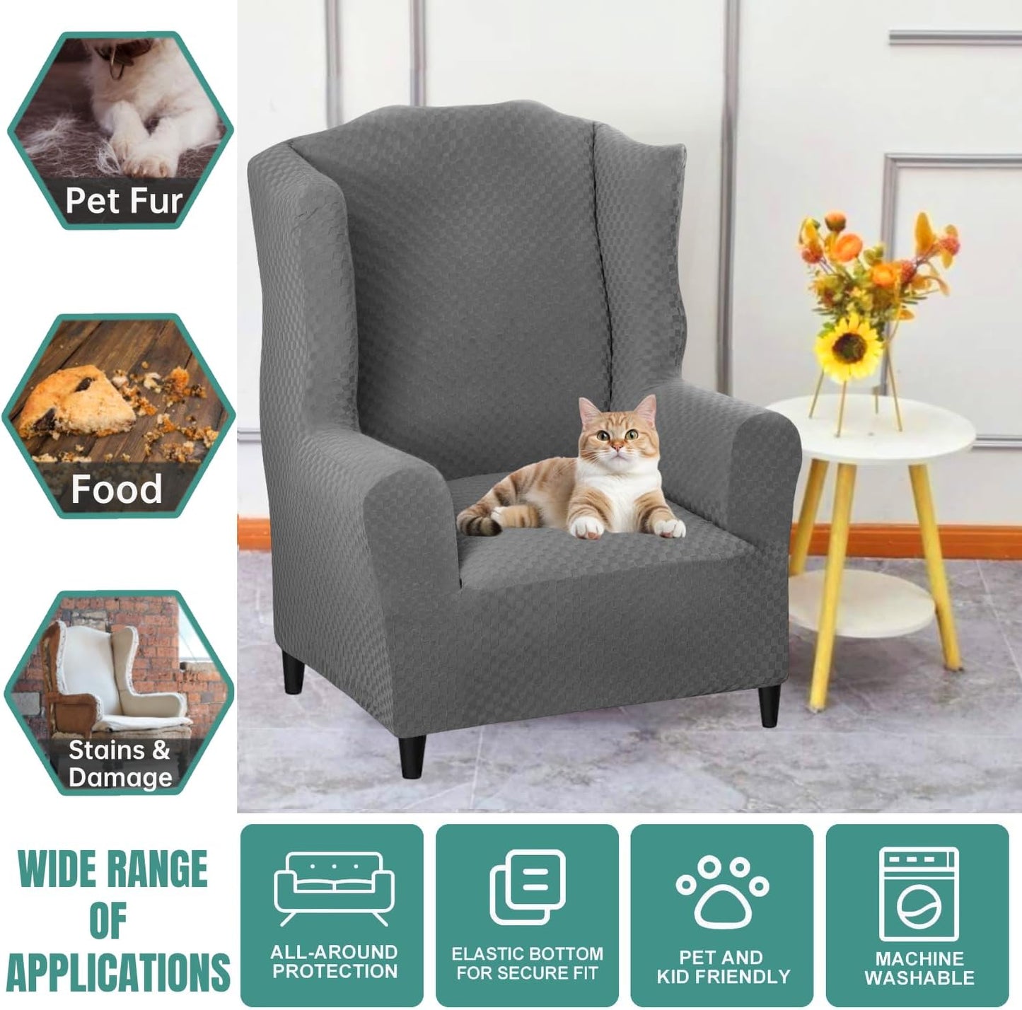YEMYHOM 1 Piece Stretch Wingback Chair Slipcover Latest Jacquard Design Wing Chair Cover Non Slip Furniture Protector with Foam Rods for Living Room (Wing Chair, Light Gray)