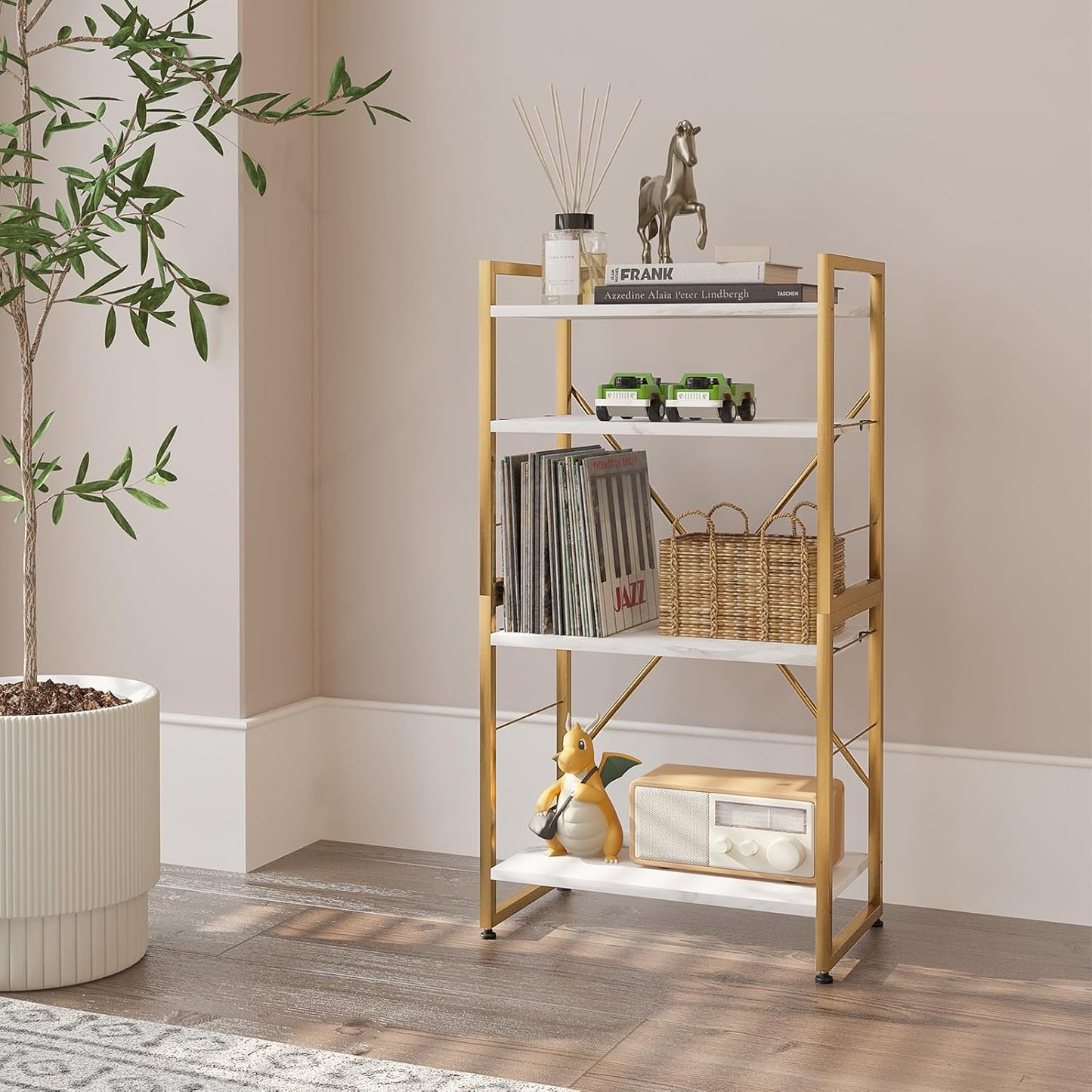 4 Tiers Bookshelf Adjustable White Faux Marble Organizer, Modern Small Bookcase for Small Space,Industrial Wooden Storage Display Rack and Storage Organizer for Living Room Home Office(Glod)