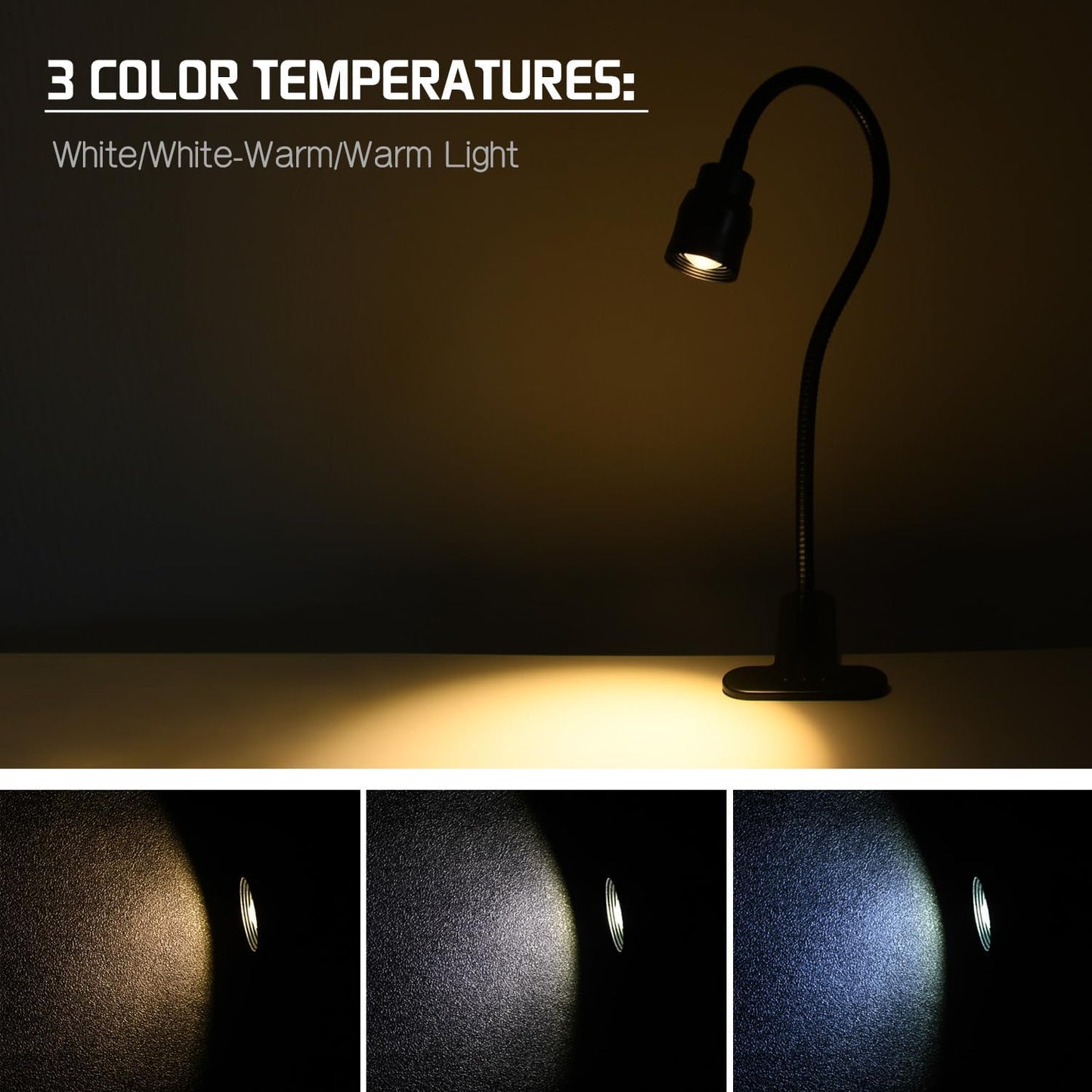 Zoomable Clip on Lamp, USB LED Clamp Reading Light for Dorm Bed Headboard, Dimmable Spotlight with 3 Color Temperature Options, 10 Brightness Levels for Working, Studying, Sewing