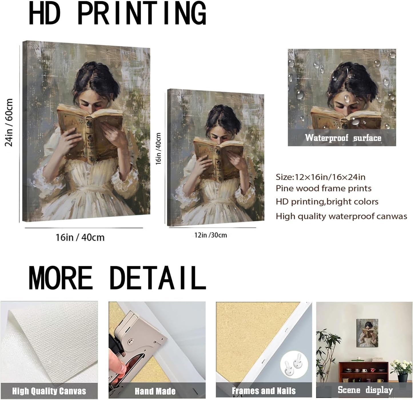 Vintage Victorian Woman Reading Book Wall Art Light Academia Wall Decor Paintings Picture Moody Girl Aesthetic Poster Canvas Print for Bedroom Living Room Dorm Library Nook 12x16Inch Framed